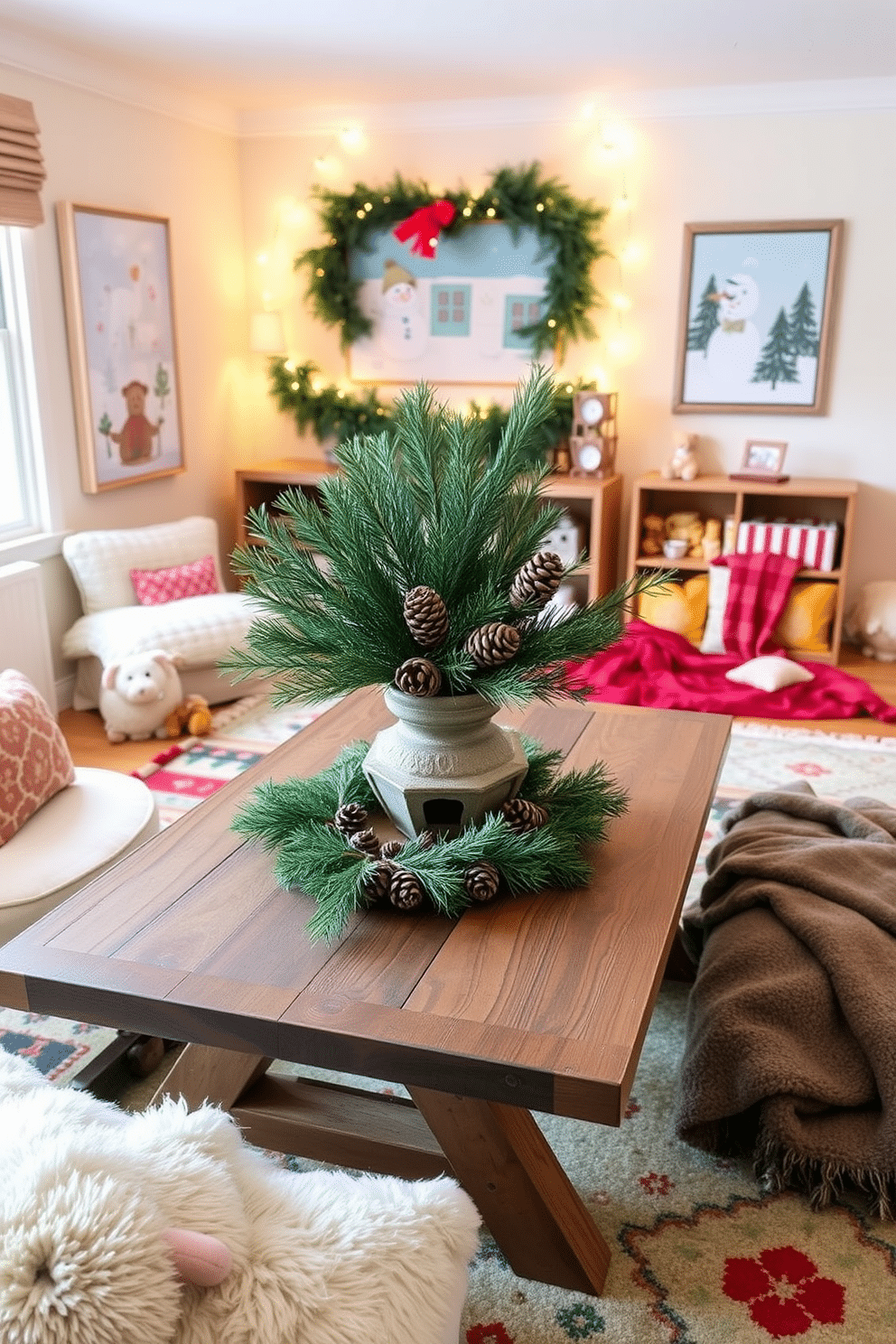 A charming winter playroom decorated with a pinecone and evergreen centerpiece. The centerpiece is placed on a rustic wooden table surrounded by cozy seating and colorful rugs. The walls are adorned with playful winter-themed artwork and soft, warm lighting creates a welcoming atmosphere. Plush toys and blankets in seasonal colors add comfort and fun to the space.