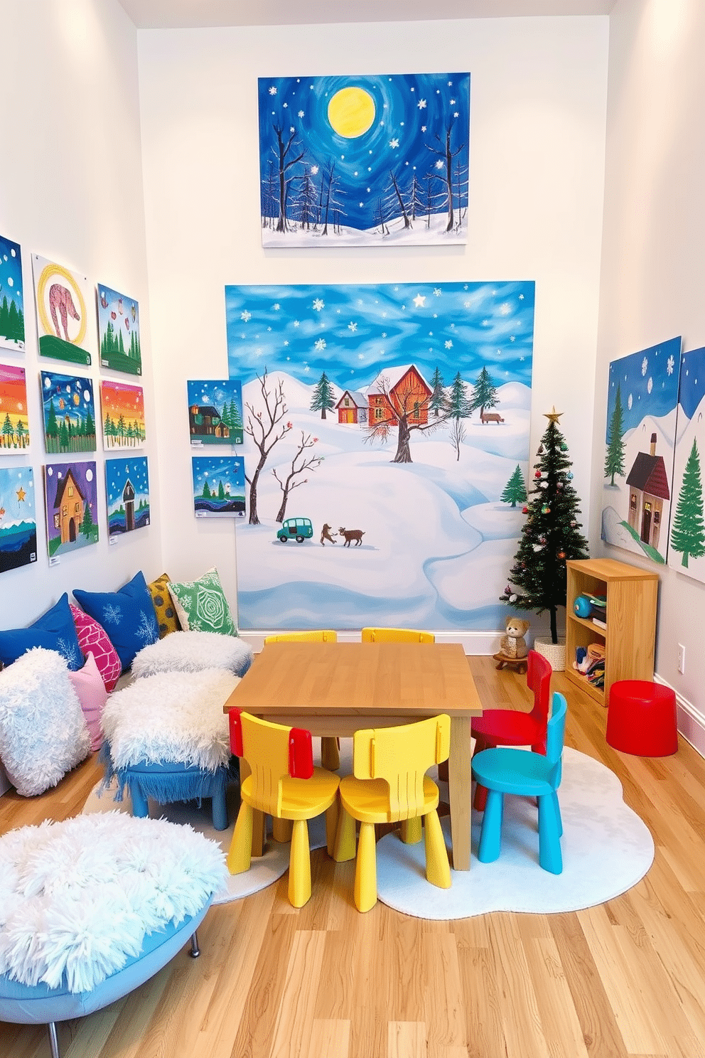 A charming children's art gallery showcases vibrant winter scenes created by young artists. The walls are painted in soft white, allowing the colorful artwork to stand out, while cozy lighting highlights each piece. The playroom is designed with playful winter-themed decor, including fluffy snowflake cushions and a large mural of a snowy landscape. A wooden play table is surrounded by colorful chairs, providing a perfect space for creativity and fun.