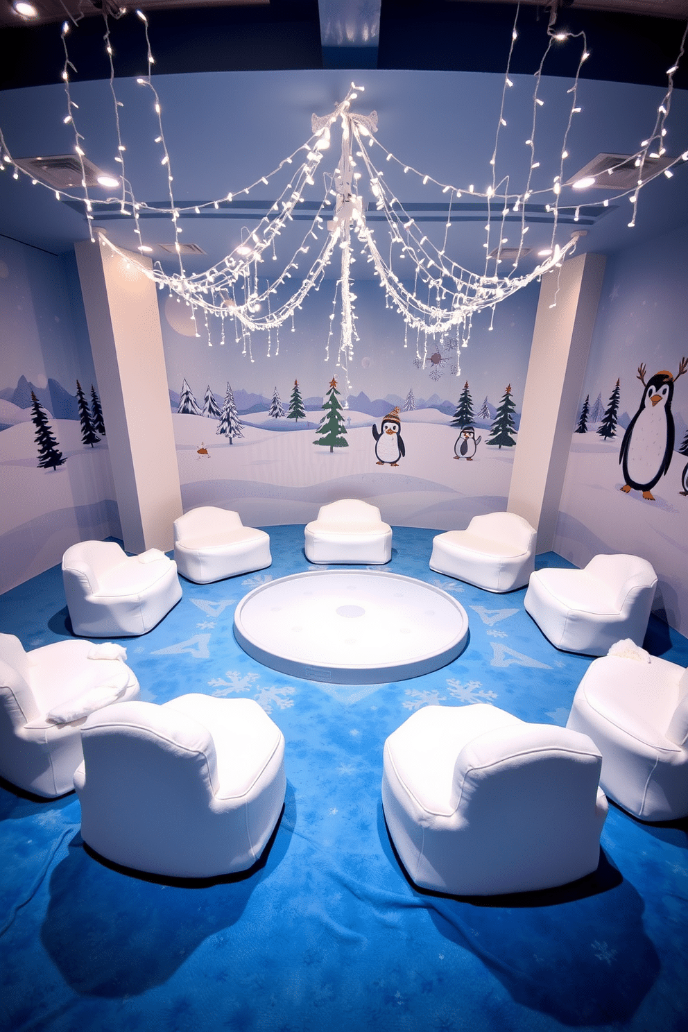 A whimsical ice skating themed play area featuring a soft blue carpet that resembles ice. Plush white seating shaped like snowflakes is arranged around a central play zone with a mini ice rink made of smooth, shiny material. The walls are adorned with murals of snowy landscapes and playful penguins in winter attire. Twinkling fairy lights hang from the ceiling, creating a magical atmosphere reminiscent of a winter wonderland.