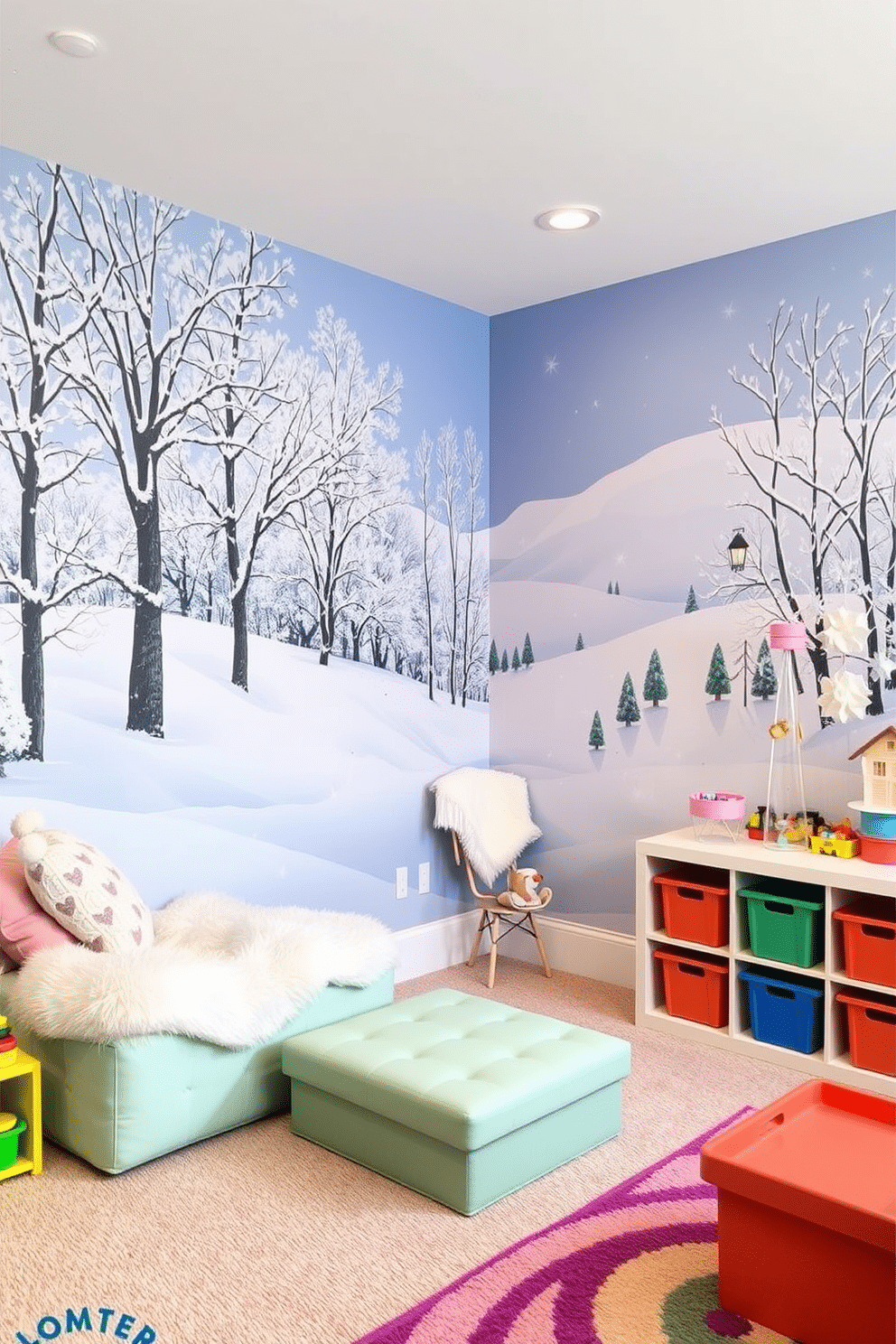 A winter wonderland mural covers the wall, depicting snow-covered trees and a serene landscape. The playroom features cozy seating with plush blankets, and whimsical decorations create a magical atmosphere. The area is filled with soft, colorful rugs that add warmth and comfort underfoot. Brightly colored storage bins are neatly arranged, making it easy for children to access their toys and games.