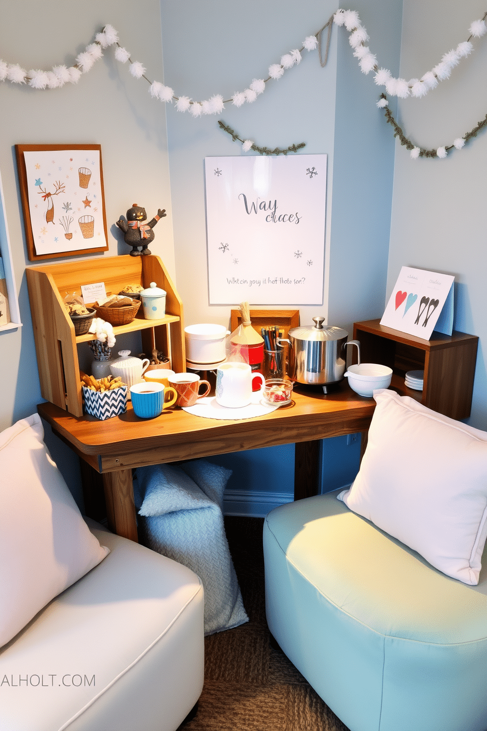 A cozy hot cocoa bar is set up in the corner of a winter-themed playroom. The bar features a rustic wooden table adorned with colorful mugs, a variety of toppings, and a steaming pot of hot cocoa. The walls are decorated with whimsical winter-themed artwork and snowflake garlands. Plush seating in soft, pastel colors invites children to gather and enjoy their delicious creations.