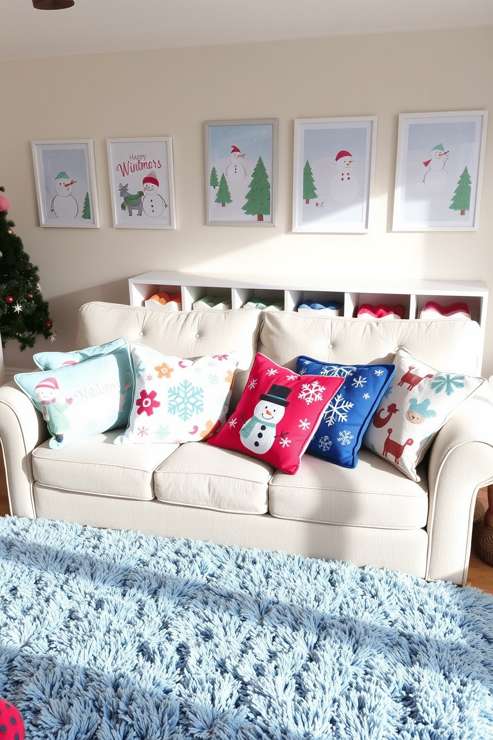 Colorful winter-themed throw pillows are scattered across a cozy sofa in a bright playroom. Each pillow features playful patterns of snowflakes, snowmen, and winter animals, adding a cheerful touch to the space. The playroom is adorned with whimsical wall art depicting winter scenes, creating a festive atmosphere. A soft, plush rug in shades of blue and white anchors the seating area, inviting children to sit and play.