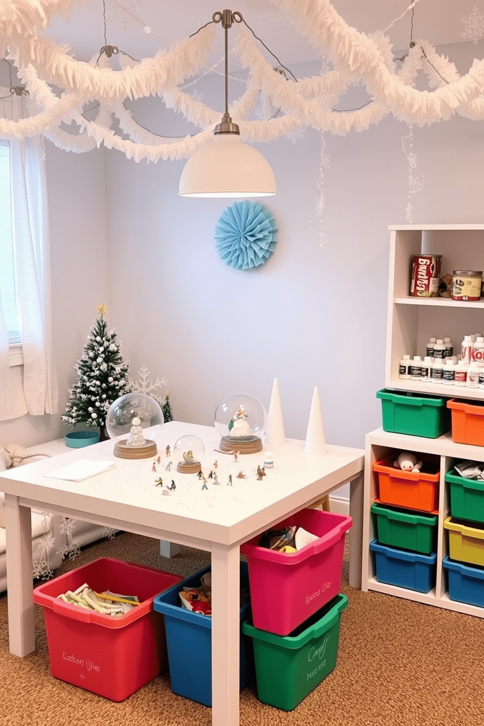 A cozy winter playroom featuring a dedicated snow globe craft station. The area is adorned with soft white and blue decorations, creating a serene and festive atmosphere. The craft station includes a large table with various supplies such as clear globes, glitter, and miniature figurines. Colorful storage bins are neatly arranged nearby, holding additional crafting materials and tools for children to explore their creativity.