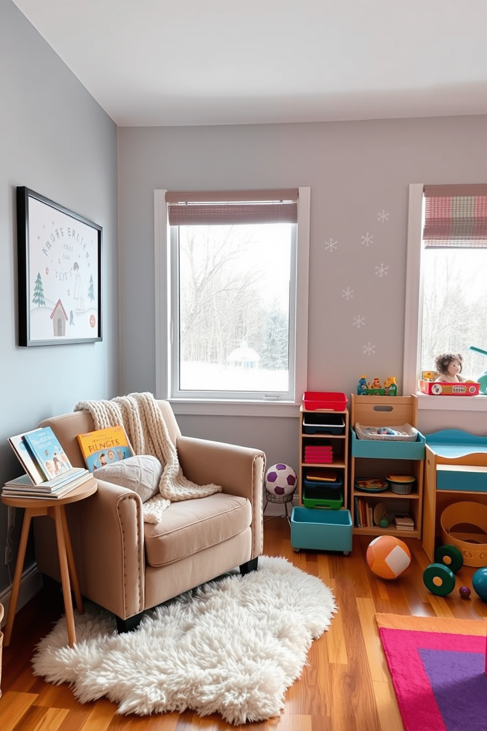 A winter storytime corner features a plush armchair draped with a soft knitted blanket and a small side table holding a stack of colorful children's books. The walls are adorned with whimsical winter-themed artwork, and a fluffy area rug adds warmth to the space. The winter playroom is decorated with vibrant, playful colors and includes a variety of toys and games. A large window allows natural light to flood the room, while snowflake decals add a festive touch to the atmosphere.