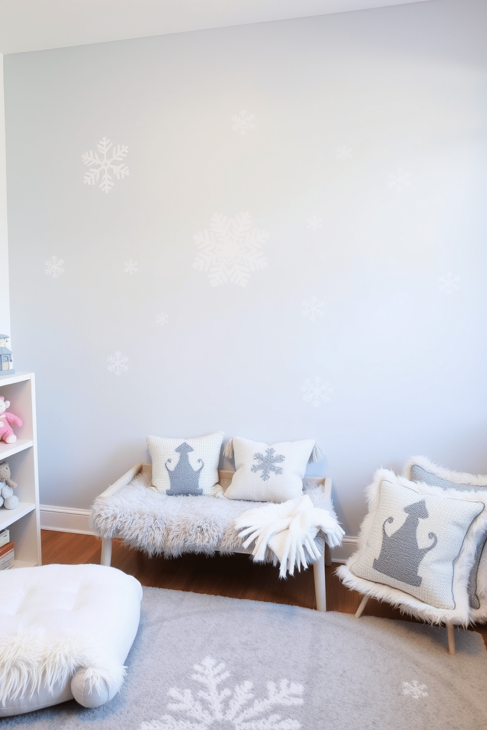 Snowflake wall decals create a whimsical winter charm in a playroom. The decals are placed strategically on the walls, enhancing the playful atmosphere while complementing a cozy color palette of soft blues and whites. For winter playroom decorating ideas, consider incorporating plush seating and warm textiles. A snow-themed rug and cushions featuring winter motifs can add comfort and style to the space.