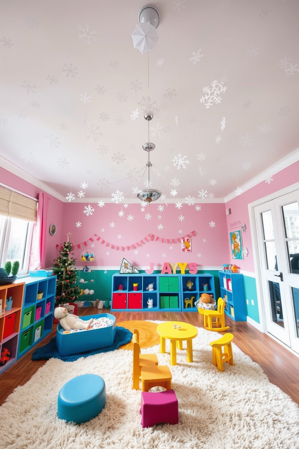 A cozy winter playroom filled with joy. The ceiling is adorned with delicate hanging paper snowflakes, creating a whimsical atmosphere. Soft, plush rugs cover the floor, providing warmth underfoot. Brightly colored furniture invites children to play and explore, enhancing the cheerful decor.