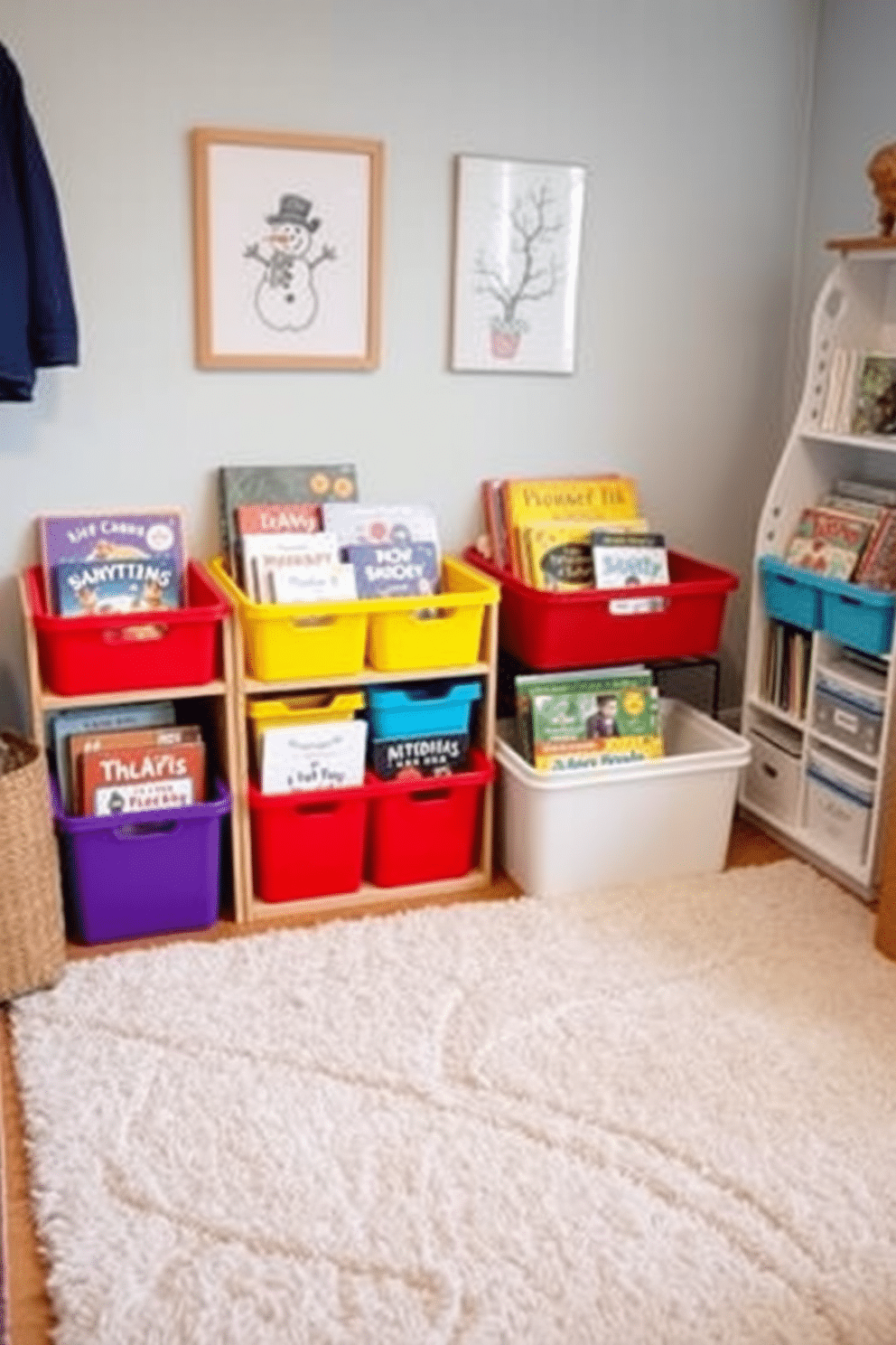 A cozy winter playroom filled with colorful bins that hold seasonal books. The walls are adorned with playful winter-themed artwork, and a soft area rug adds warmth to the space.