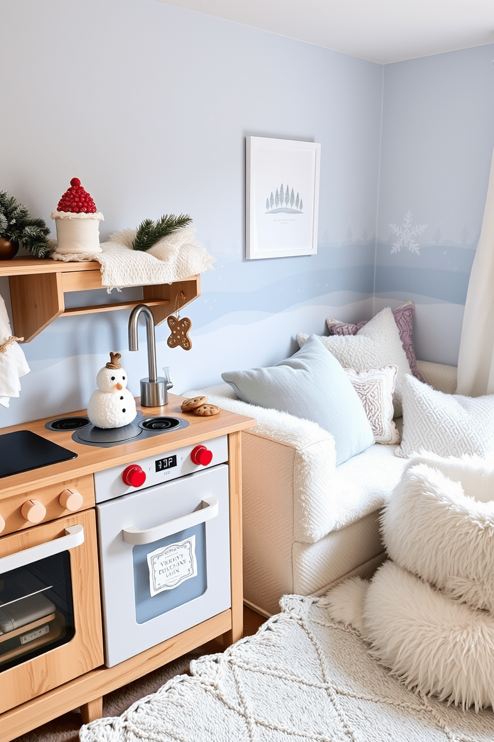 A cozy play kitchen designed for children features a wooden play stove with colorful knobs and a small sink. The countertops are adorned with winter food items like faux snowman cupcakes and gingerbread cookies, creating a festive atmosphere. The winter playroom is decorated with soft blue and white accents, resembling a snowy landscape. Plush seating areas are filled with fluffy blankets and cushions, inviting kids to enjoy playtime in a warm and inviting space.