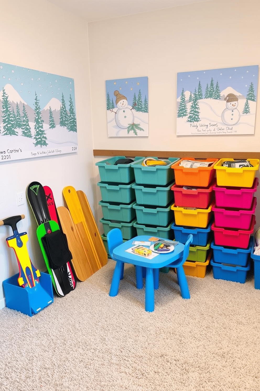 A cozy indoor winter sports corner features a soft, plush carpet in a light gray shade, providing a comfortable surface for play. Brightly colored storage bins are neatly arranged against the wall, filled with winter sports equipment such as sleds, snowboards, and ice skates. The walls are adorned with vibrant winter-themed artwork, showcasing snowy landscapes and playful snowmen. A small, child-sized table is set up in the corner with winter craft supplies, encouraging creativity and fun during the colder months.