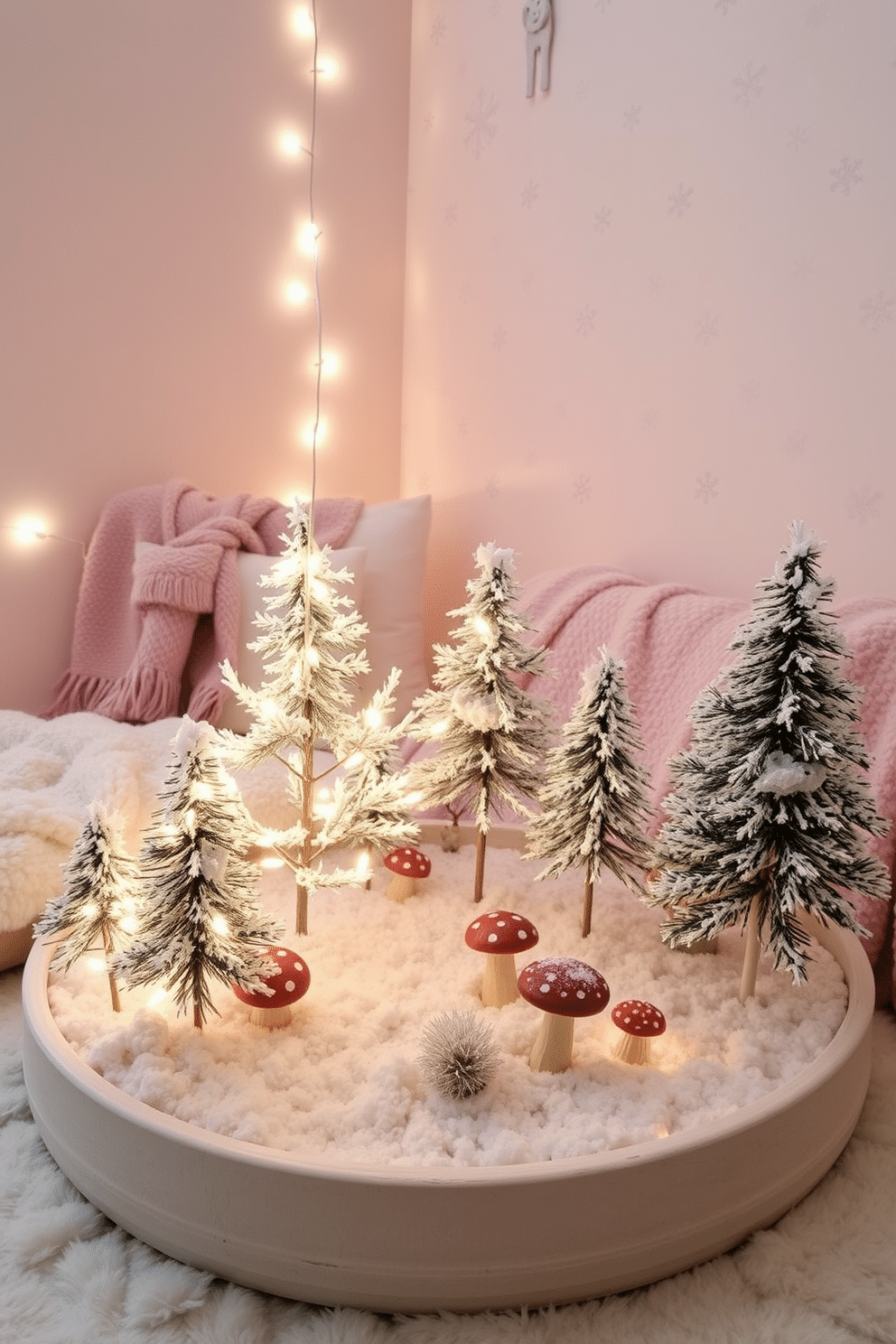 Magical winter fairy garden setup. Delicate fairy lights twinkle among snow-dusted miniature trees and whimsical toadstools, creating an enchanting atmosphere. Winter playroom decorating ideas. Soft pastel colors dominate the space, with cozy blankets draped over plush seating and playful wall decals of snowflakes and winter animals.