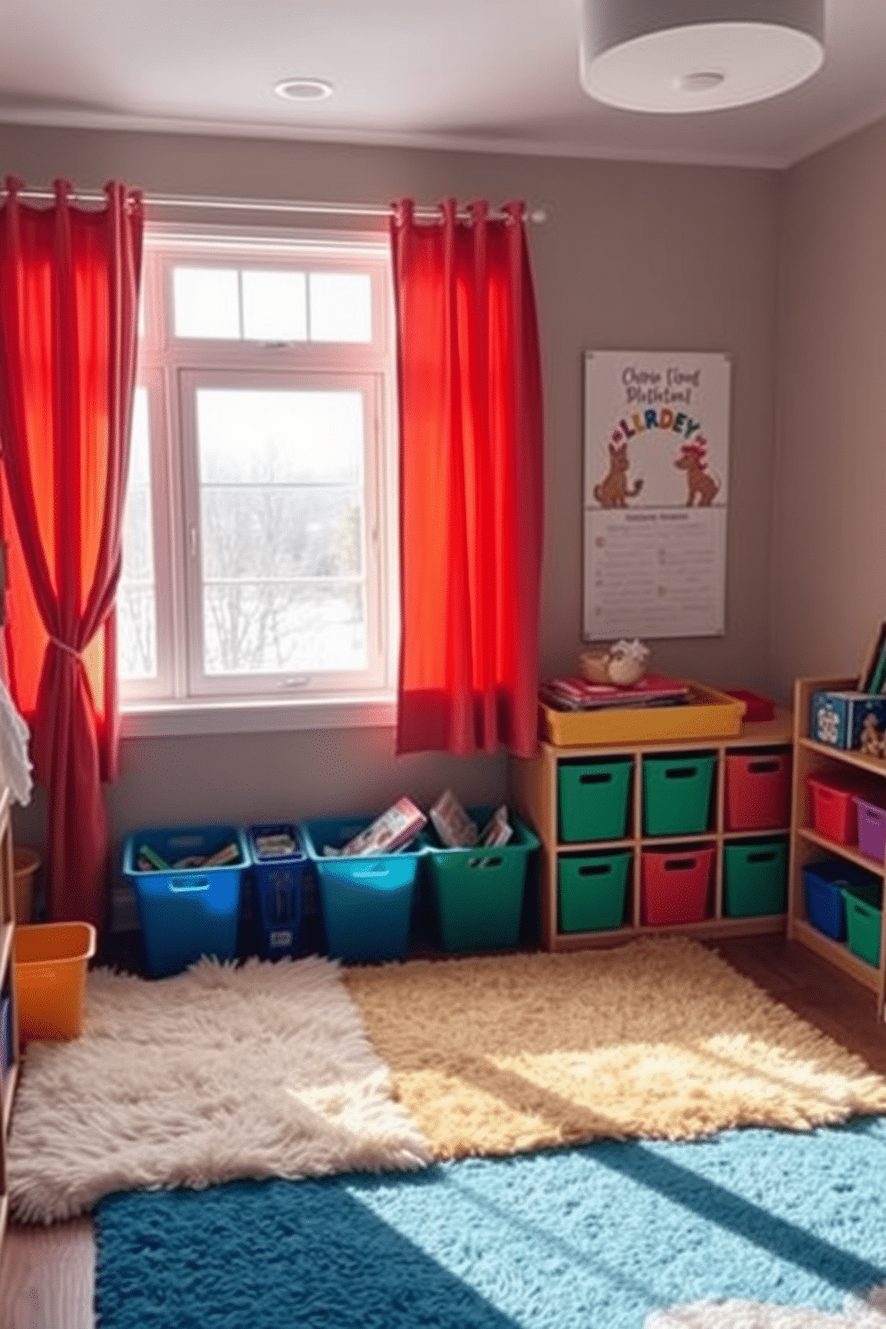 A cozy winter playroom filled with warmth and joy. The windows are adorned with warm colored curtains that gently filter the sunlight, creating a cheerful atmosphere. Soft plush rugs cover the wooden floor, providing a comfortable area for play. Colorful storage bins are neatly organized, filled with toys and games to inspire creativity.