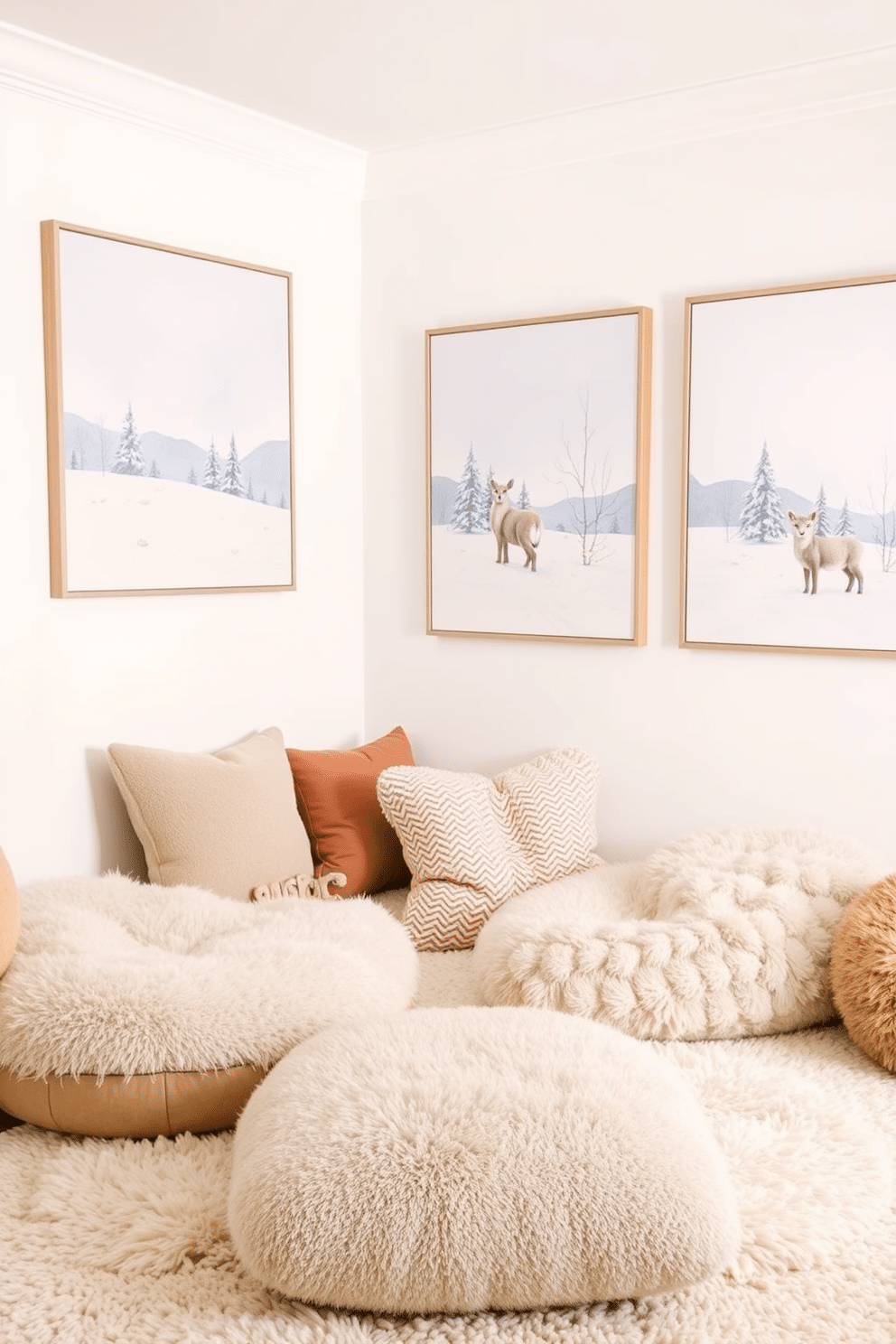 Soft winter-themed wall art prints adorn the walls of a cozy playroom. The prints feature serene snow-covered landscapes and playful winter animals, creating a whimsical atmosphere for children. The playroom is filled with soft textures and warm colors to complement the artwork. Plush rugs and oversized cushions provide comfortable seating, inviting kids to relax and enjoy their winter-themed space.