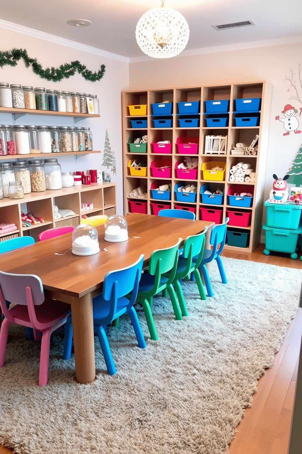 A cozy winter playroom filled with craft supplies for making DIY snow globes. The space features a large wooden table surrounded by colorful chairs, with jars of glitter and faux snow neatly organized on shelves. Brightly colored bins hold various craft materials, while a festive winter mural adorns the walls. Soft, plush rugs cover the floor, creating a warm and inviting atmosphere for children to explore their creativity.