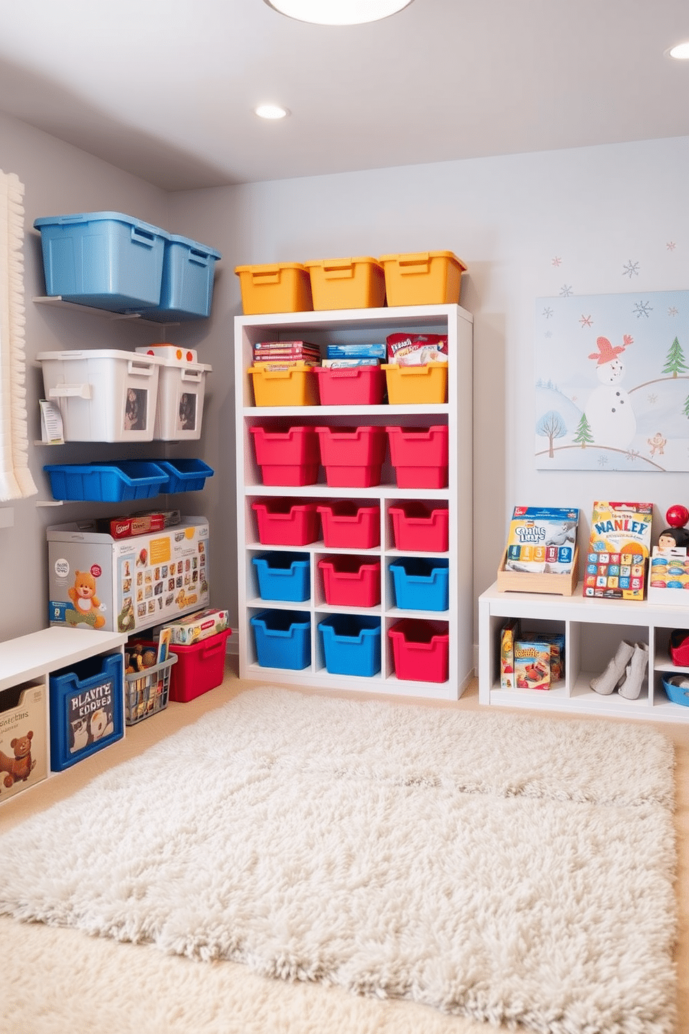 A cozy winter playroom filled with stackable storage solutions for toys. The room features bright colored bins neatly organized on shelves, allowing easy access to winter games and crafts. Soft, plush rugs cover the floor, providing a warm space for children to play. The walls are adorned with whimsical winter-themed artwork, creating a cheerful and inviting atmosphere.