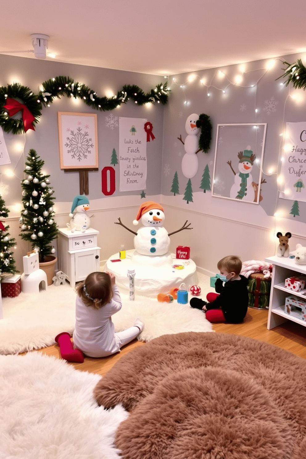 A cozy winter playroom filled with festive decorations. In one corner, a mini indoor snowman building station is set up with white fluffy snow and colorful accessories for decorating the snowman. The walls are adorned with cheerful winter-themed artwork and twinkling fairy lights. Plush rugs cover the floor, providing a warm and inviting space for children to play and create their winter masterpieces.