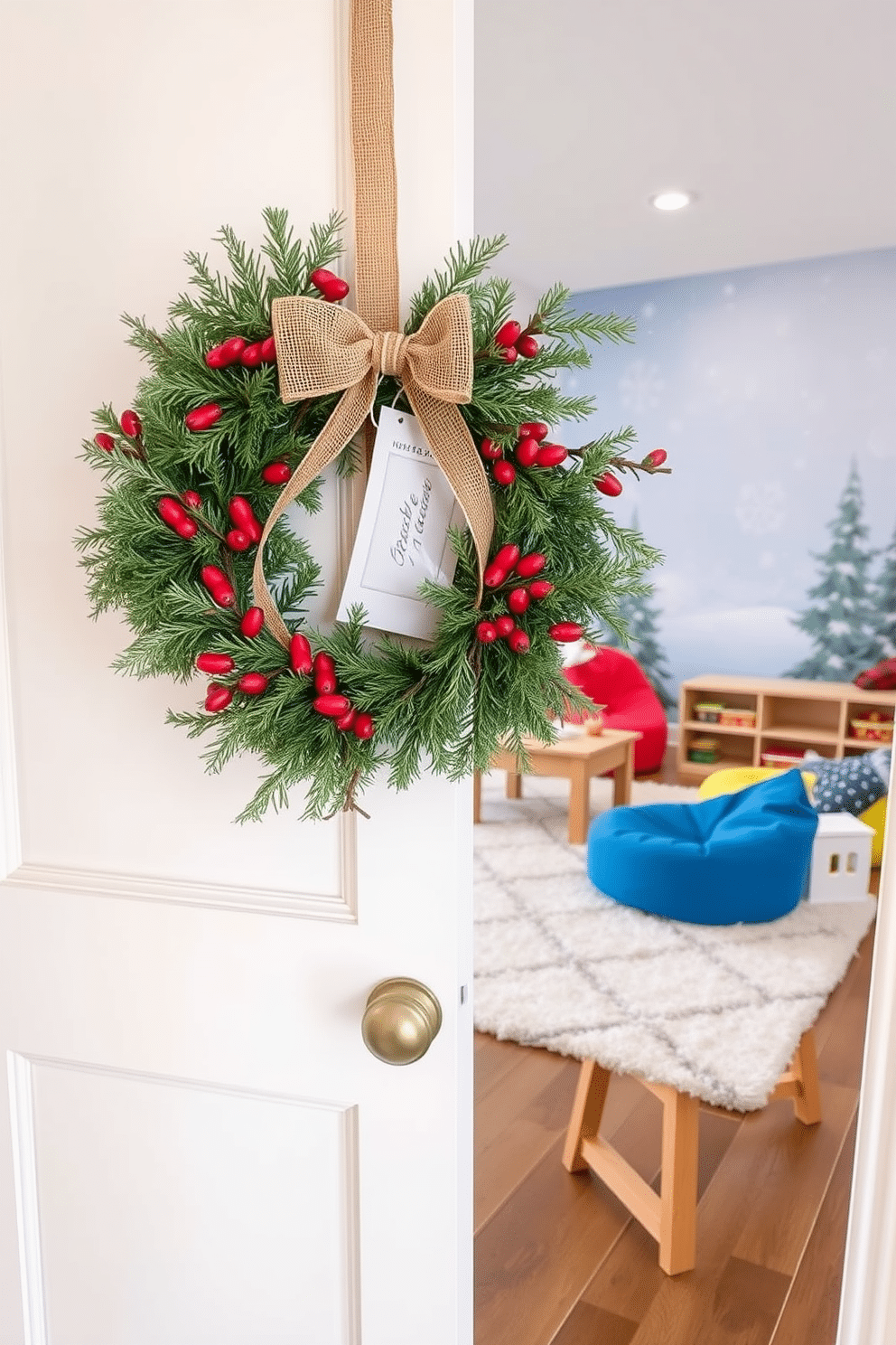 A decorative winter wreath made of pine branches and red berries adorns the front door, welcoming guests with a festive touch. The wreath is accented with a rustic burlap bow, enhancing its natural charm. Inside, the winter playroom is filled with cozy elements, featuring a large, plush area rug in soft white to create a warm atmosphere. Colorful bean bags and a small wooden play table are arranged around a whimsical snowflake-themed mural on the wall, inviting playful creativity.