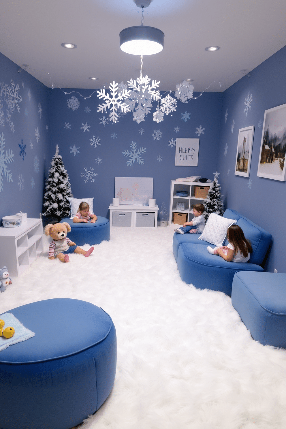 A cozy winter-themed playroom filled with sensory play opportunities. Soft white faux snow covers the floor, creating a magical atmosphere for children to explore. The walls are adorned with snowflake decorations and winter-themed artwork. Plush seating in shades of blue and white invites kids to relax and engage in creative activities.