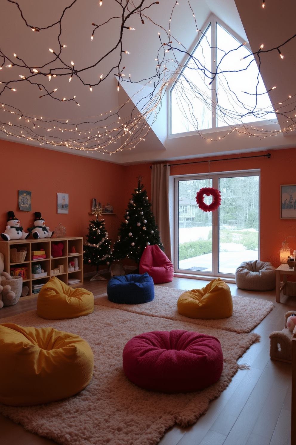 A cozy winter playroom adorned with twinkling fairy lights creates a festive ambiance. Soft, plush rugs cover the floor, and colorful bean bags are scattered throughout the space for comfortable seating. The walls are painted in a warm, inviting shade, decorated with playful winter-themed artwork. A large window allows natural light to filter in, enhancing the cheerful atmosphere of the playroom.