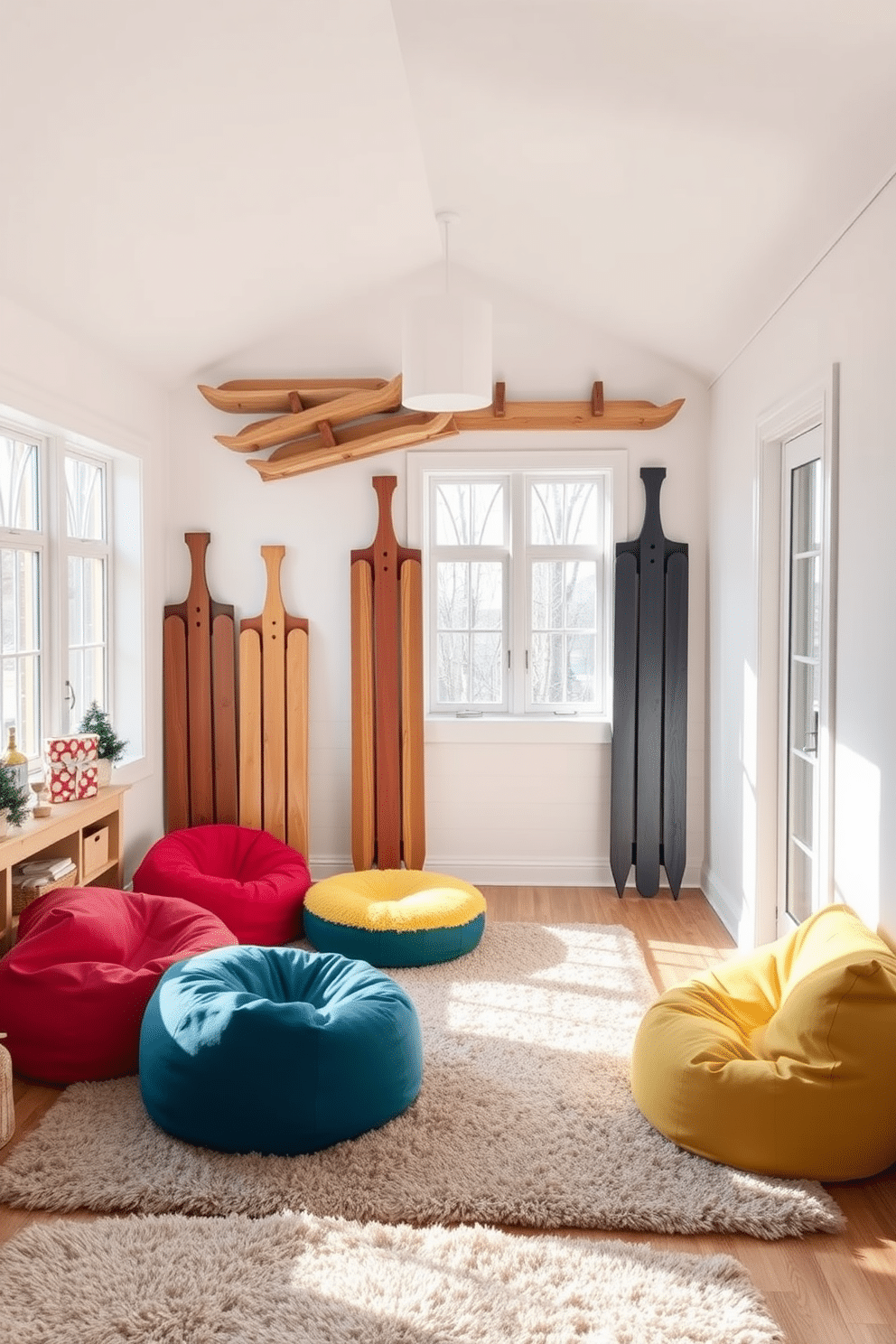 A cozy winter playroom featuring wooden sleds as decorative wall art. The walls are painted in a soft, snowy white, and the sleds are arranged in a playful, overlapping pattern to create visual interest. The room is filled with plush rugs and colorful bean bags for seating. Large windows allow natural light to flood in, illuminating the space and enhancing the cheerful atmosphere.