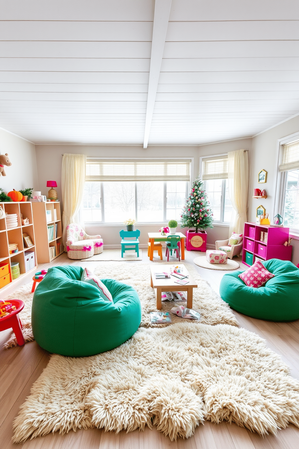 A cozy winter playroom filled with joy and creativity. The floor is covered with plush faux fur rugs that provide a soft and inviting comfort underfoot. Brightly colored furniture pieces are scattered throughout the space, including a vibrant bean bag chair and a low table for arts and crafts. Large windows allow natural light to flood in, creating a warm and cheerful atmosphere perfect for playtime.