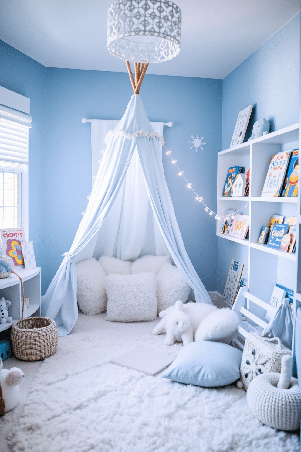 A cozy winter playroom adorned in snowy white and blue hues invites warmth and creativity. Soft blue walls are complemented by a plush white carpet, creating a serene atmosphere for playtime. A whimsical tent in the corner, draped in light blue fabric, serves as a reading nook filled with fluffy white cushions. Shelves lined with winter-themed books and toys add charm and encourage imaginative adventures.