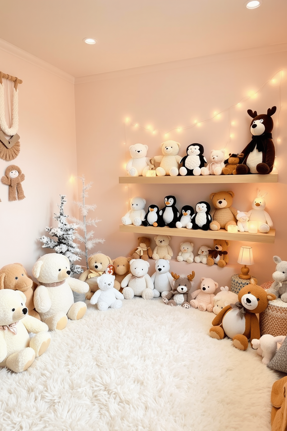 A cozy winter playroom filled with plush toys of various winter animals such as polar bears, penguins, and reindeer. The walls are painted in soft pastel colors, and the floor is covered with a fluffy white rug to create a warm and inviting atmosphere. A dedicated display area showcases the plush toys on floating shelves made of natural wood. Twinkling fairy lights are draped around the shelves to add a whimsical touch to the winter-themed decor.