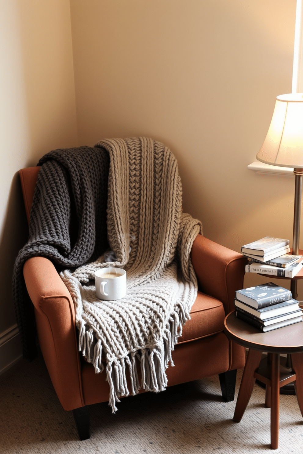 Cozy armchair positioned in a corner of a warm room. An oversized knitted blanket drapes casually over the armrest, inviting relaxation. A small side table holds a steaming cup of tea and a stack of books. Soft, ambient lighting from a nearby lamp creates a welcoming atmosphere for winter reading.