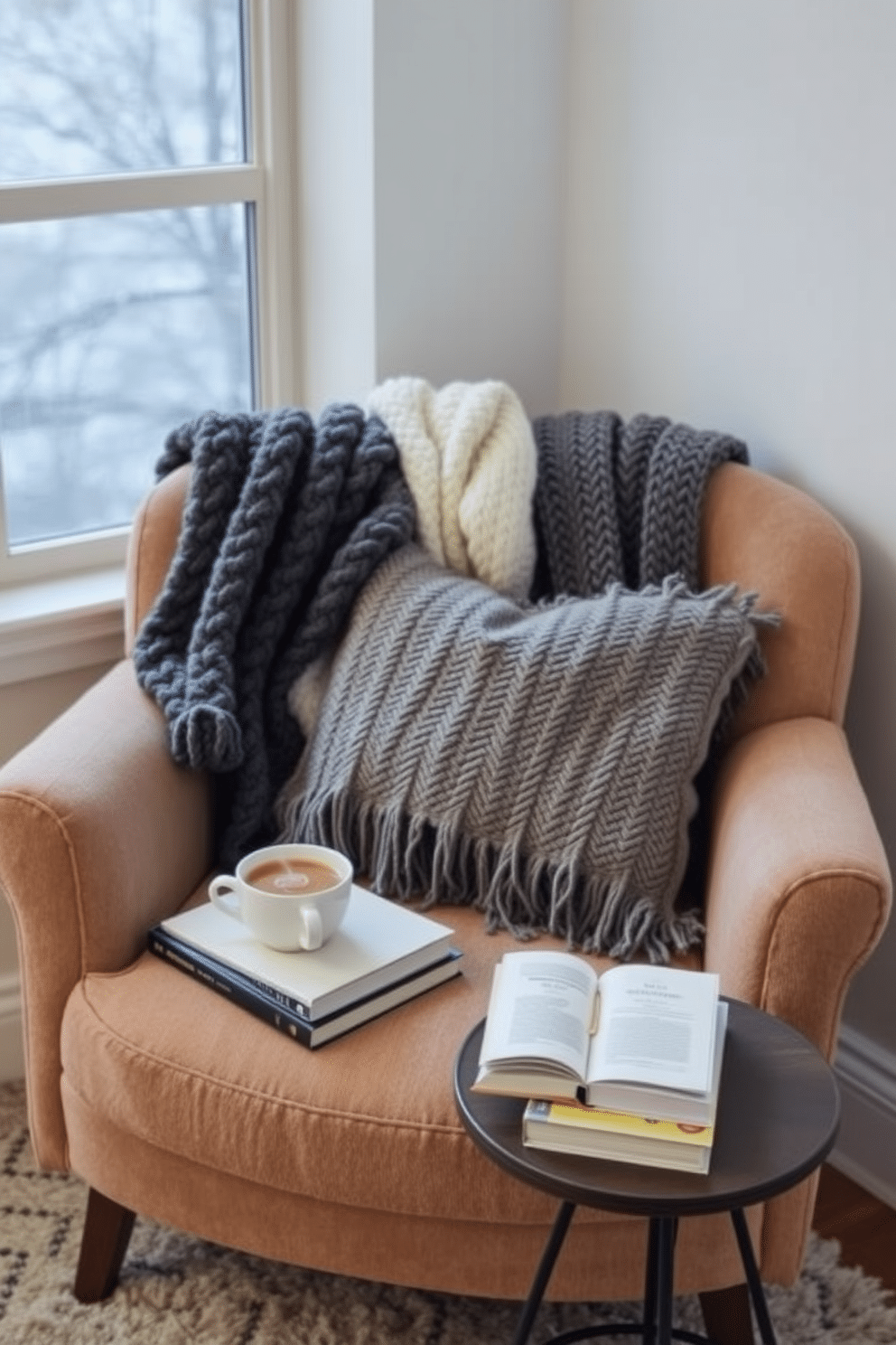 A cozy winter reading nook featuring a plush armchair with soft knit throws draped over the backrest. A small side table holds a steaming cup of tea and a stack of books, creating an inviting atmosphere for relaxation.