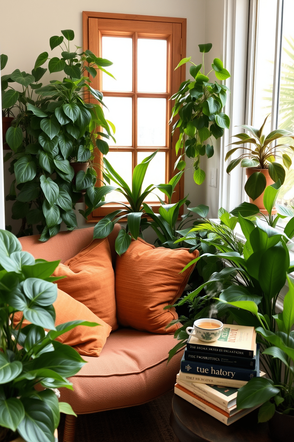 A cozy nook surrounded by lush indoor plants creates a serene atmosphere for relaxation. Soft cushions in earthy tones are scattered on a comfortable chair, inviting you to curl up with a good book. Natural light filters through a nearby window, illuminating the vibrant greenery. A small side table holds a steaming cup of tea and a stack of your favorite novels, enhancing the inviting ambiance.