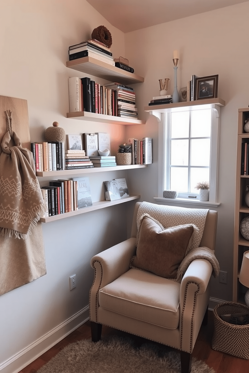 A cozy winter reading nook featuring wall-mounted shelves to maximize space. The shelves are filled with an array of books, cozy blankets, and decorative items, creating an inviting atmosphere. A plush armchair is positioned beneath the shelves, adorned with soft cushions and a warm throw. Natural light filters in through a nearby window, enhancing the serene ambiance of the nook.