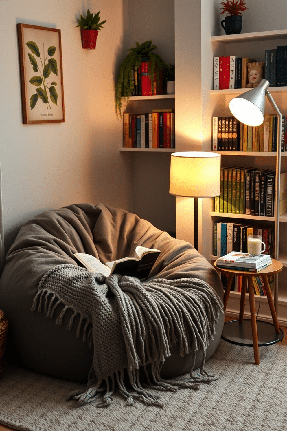 A cozy reading corner featuring a plush beanbag chair in a warm gray color. Soft, ambient lighting from a nearby floor lamp creates a welcoming atmosphere, while a small side table holds a stack of books and a steaming cup of tea. The walls are adorned with shelves filled with colorful novels and decorative plants. A thick, knitted throw blanket drapes over the beanbag, inviting you to settle in and enjoy a peaceful winter reading nook.