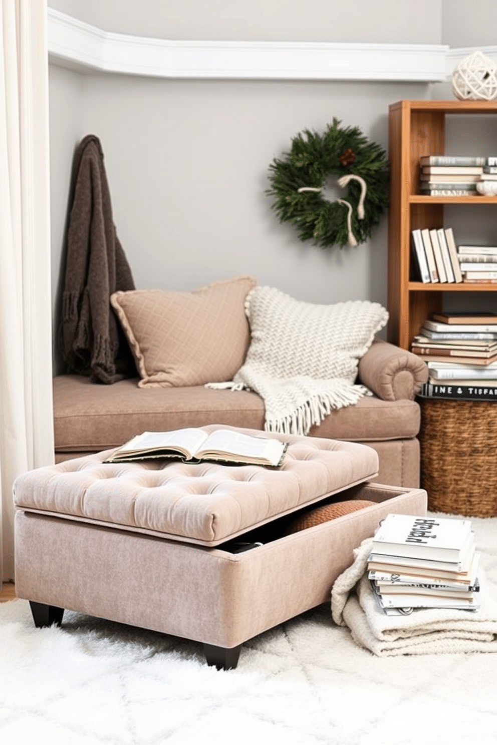 A cozy winter reading nook featuring a plush ottoman with hidden storage options. Soft, warm blankets and a stack of books are arranged nearby, creating an inviting atmosphere for relaxation.