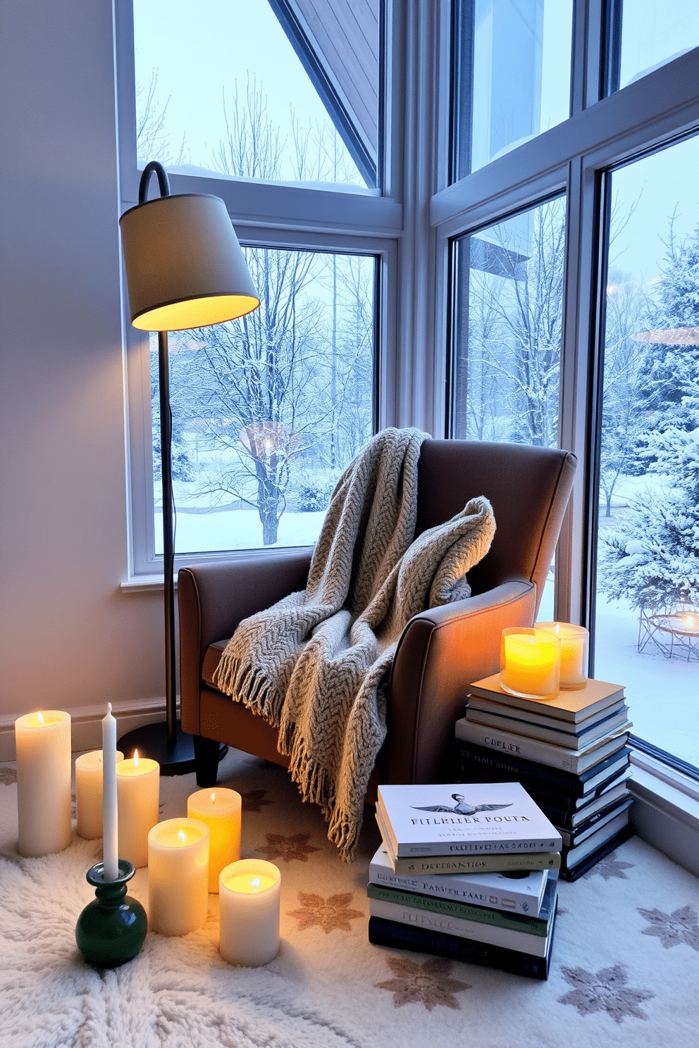 A cozy winter reading nook featuring a plush armchair draped with a soft knitted blanket. Surrounding the chair, a collection of scented candles in varying heights creates a warm and inviting atmosphere. The nook is illuminated by a stylish floor lamp with a warm glow, casting soft light over a stack of books on a nearby side table. A large window showcases a snowy landscape, enhancing the serene and tranquil vibe of the space.