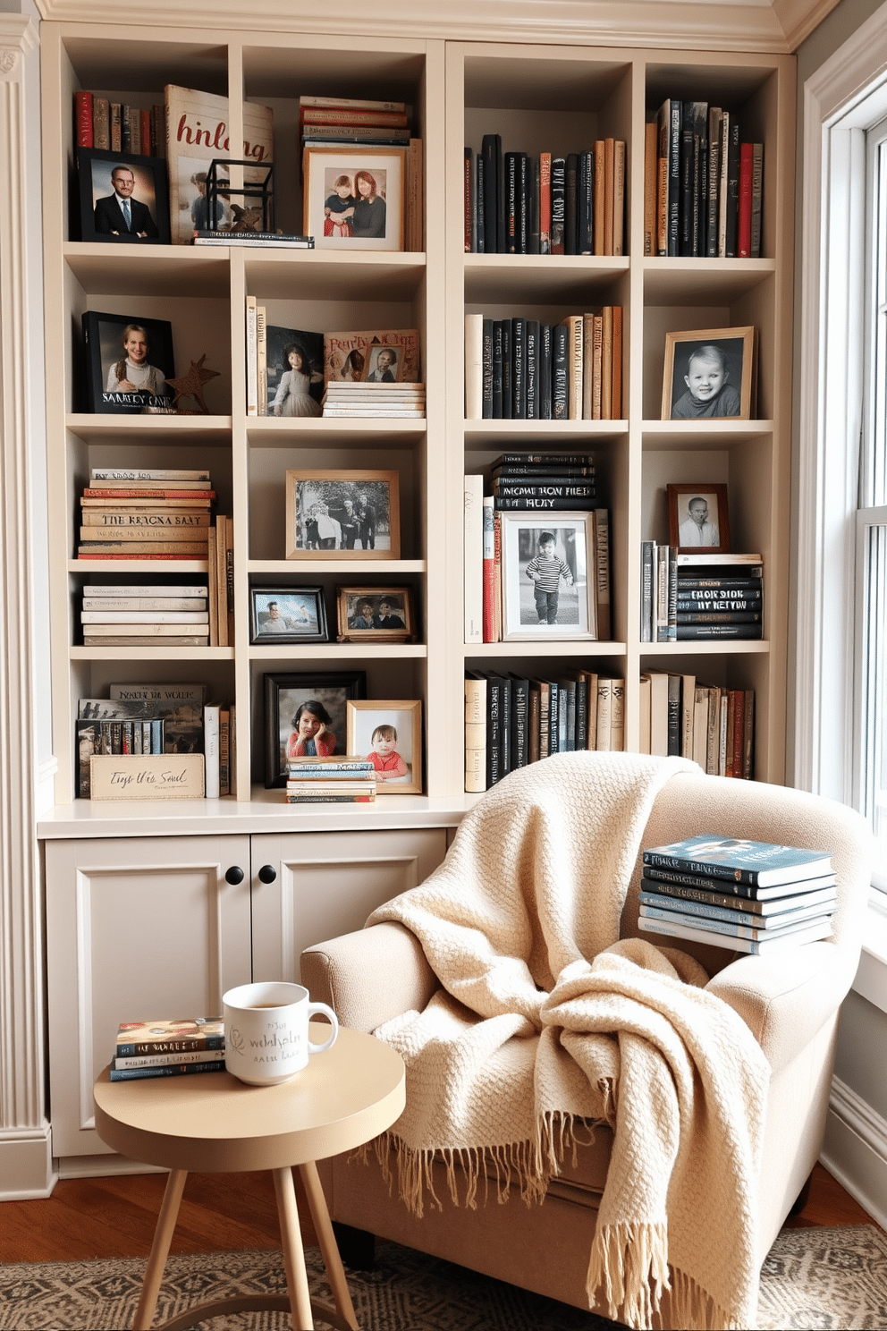 A personalized bookshelf filled with family photos creates a warm and inviting atmosphere. The shelves are adorned with a mix of books and cherished memories, showcasing the family's personality and interests. The winter reading nook features a cozy armchair draped with a soft blanket. A small side table holds a steaming mug of tea and a stack of seasonal books, while a nearby window invites natural light to enhance the space.