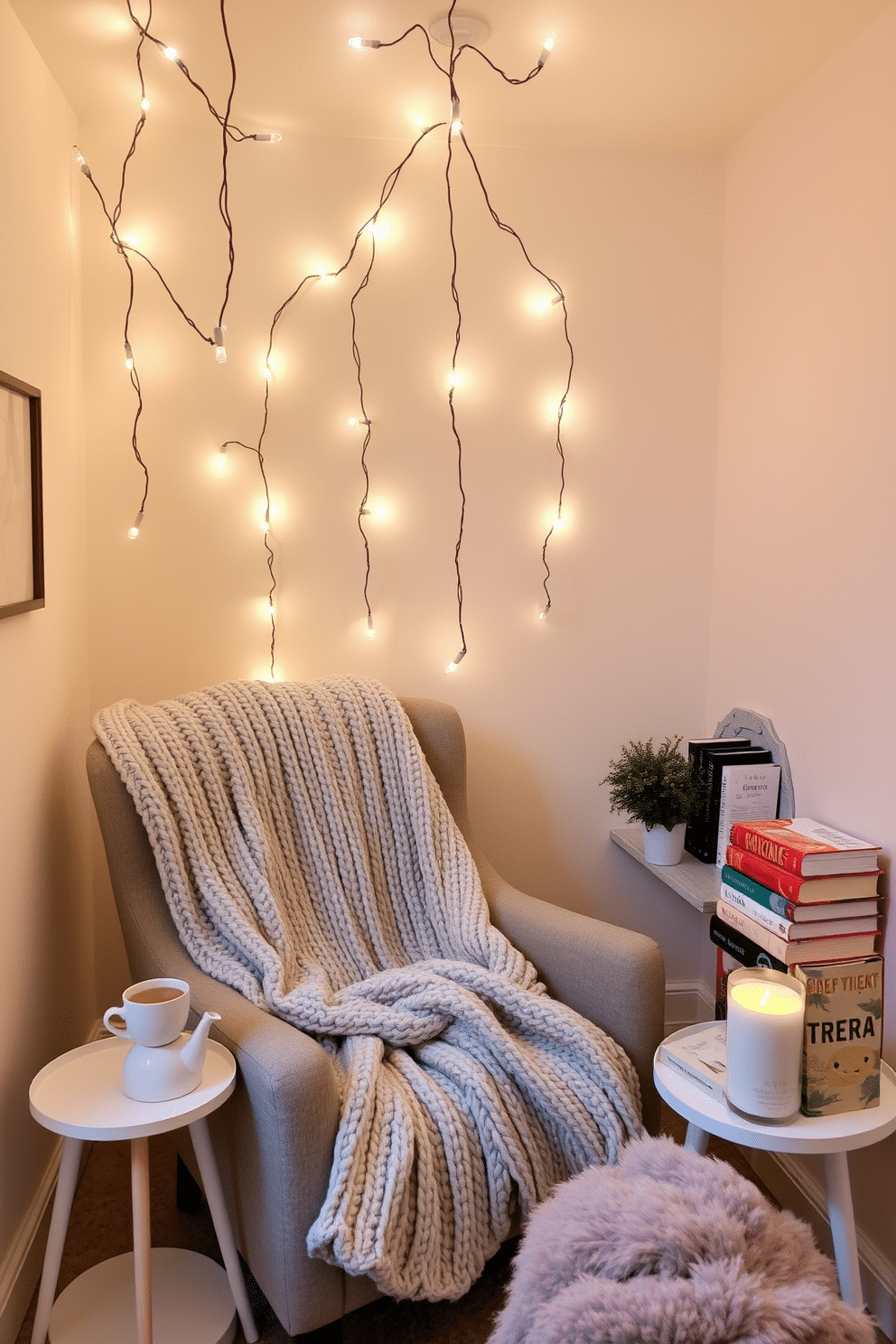 Soft fairy lights drape gently across the ceiling, casting a warm glow throughout the cozy reading nook. A plush armchair, adorned with a chunky knit blanket, invites you to settle in with a good book. A small side table holds a steaming cup of tea, while a stack of favorite novels leans against a decorative bookend. The walls are painted in a soft pastel hue, enhancing the inviting atmosphere of this winter retreat.