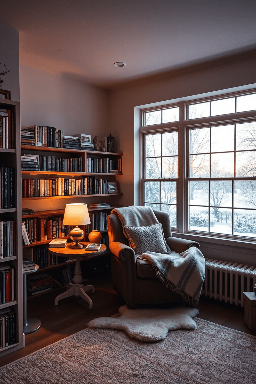 A cozy reading nook bathed in warm lighting creates an inviting atmosphere. A soft table lamp sits on a small side table next to a plush armchair, draped with a soft throw blanket. Surrounding the nook are shelves filled with books and a few decorative items. A large window offers a view of a snowy landscape, enhancing the winter charm of the space.