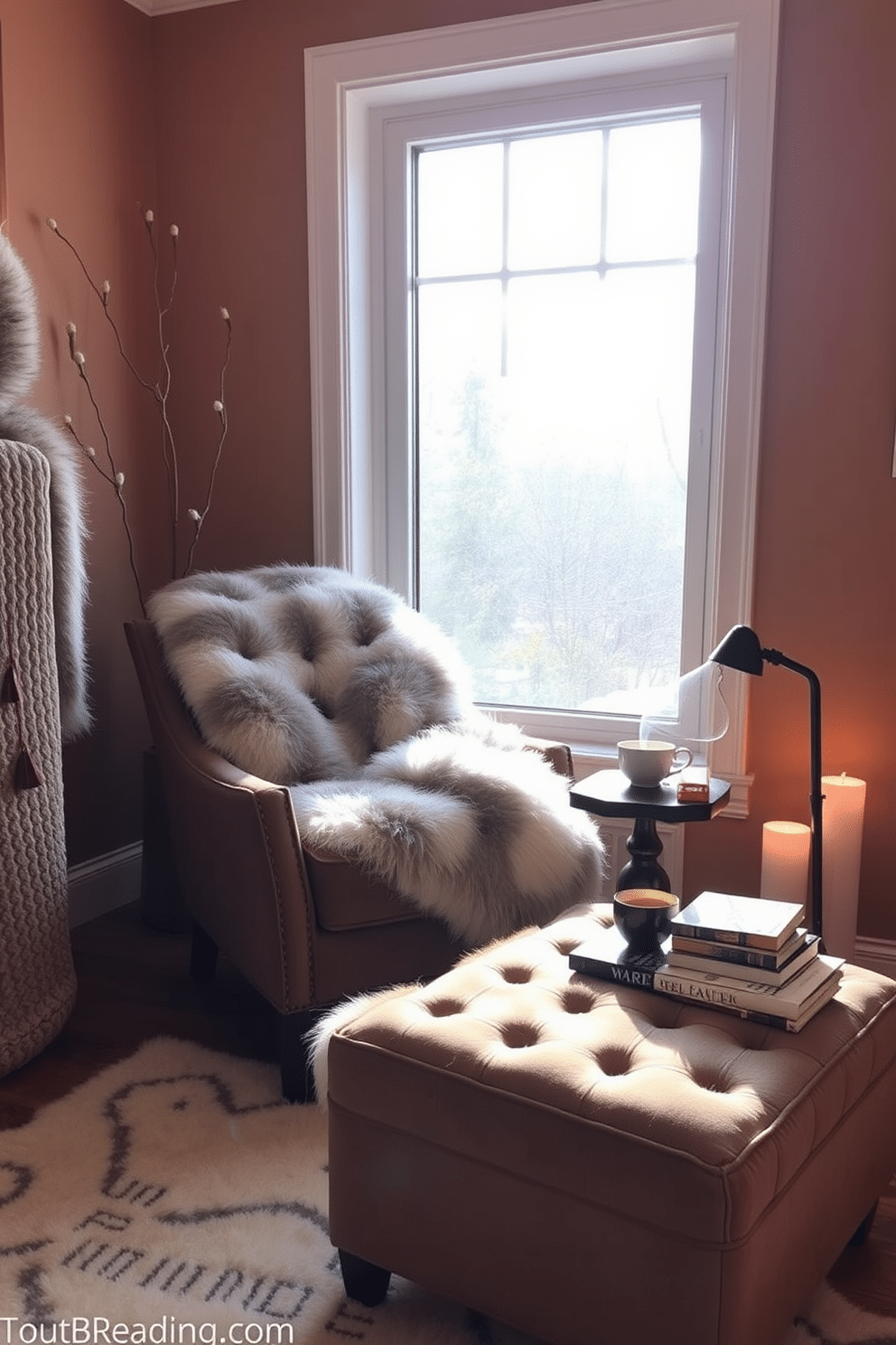 A cozy winter reading nook filled with faux fur accents that create a luxurious atmosphere. The space features a plush armchair draped with a soft faux fur throw and a stylish ottoman for added comfort. Natural light streams in through a large window, illuminating a small side table adorned with a steaming cup of tea and a stack of books. The walls are painted in a warm, inviting color, complemented by a soft area rug that adds texture to the floor.