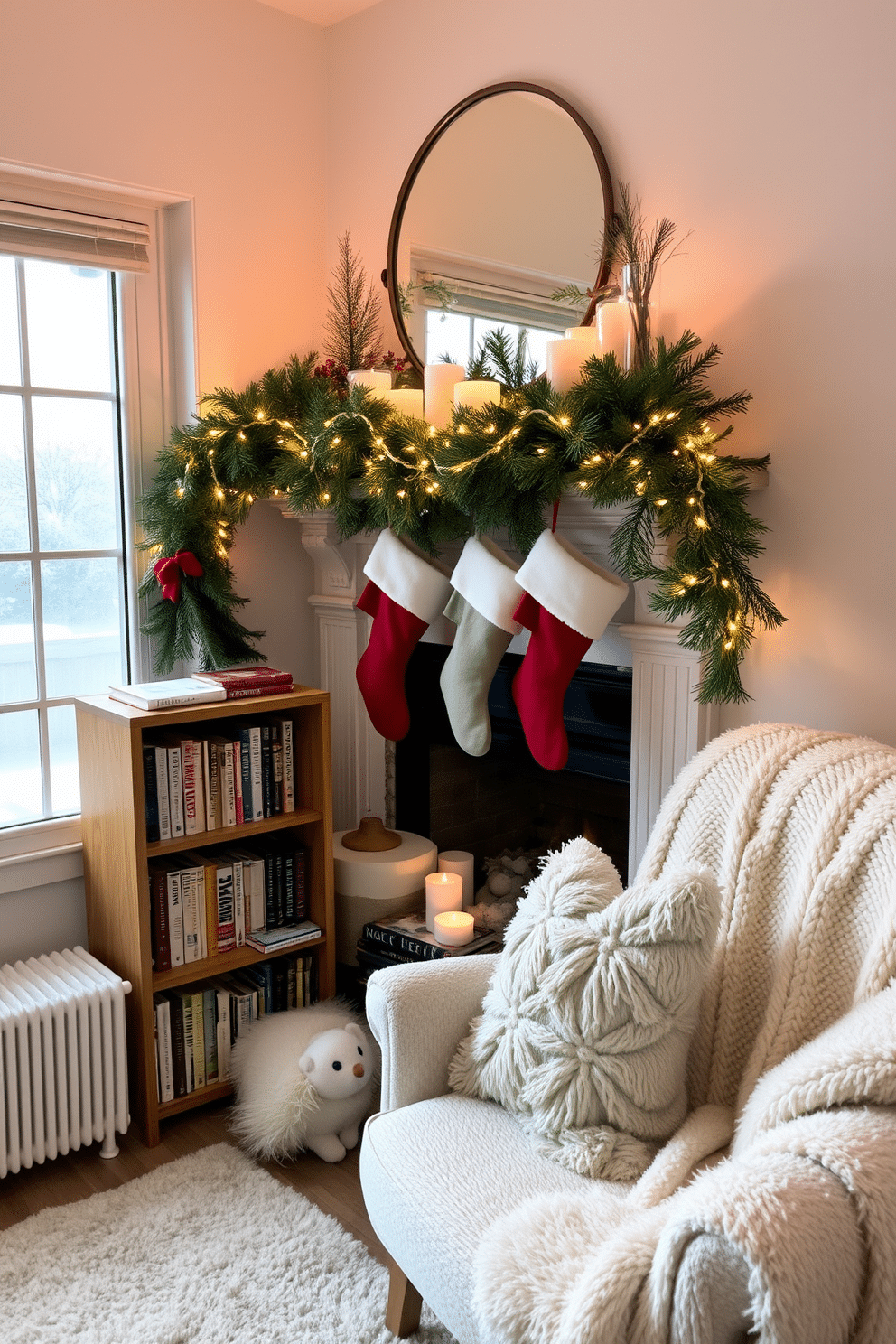 A cozy winter reading nook adorned with soft blankets and plush pillows invites relaxation. A small bookshelf filled with winter-themed novels stands beside a comfortable armchair next to a frosted window, allowing natural light to filter in. Seasonal decor to celebrate winter features a beautifully arranged mantel with evergreen garlands and twinkling fairy lights. Stockings hang from the fireplace, and a cluster of candles in varying heights adds warmth to the serene atmosphere.