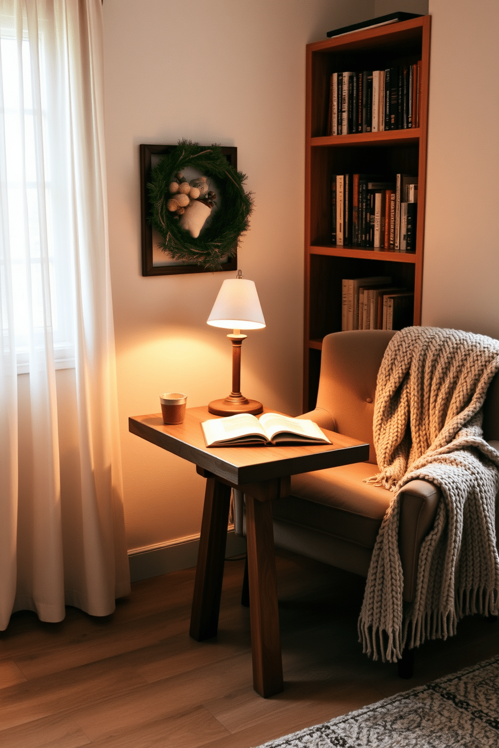 A cozy winter reading nook features a compact side table designed for drinks and snacks. The table is crafted from warm wood with a rustic finish, accompanied by a plush armchair draped in a soft knitted throw. To enhance the atmosphere, a small lamp sits on the table, providing warm light for evening reading. Surrounding the nook are shelves filled with books and a window dressed with sheer curtains, allowing natural light to filter in.