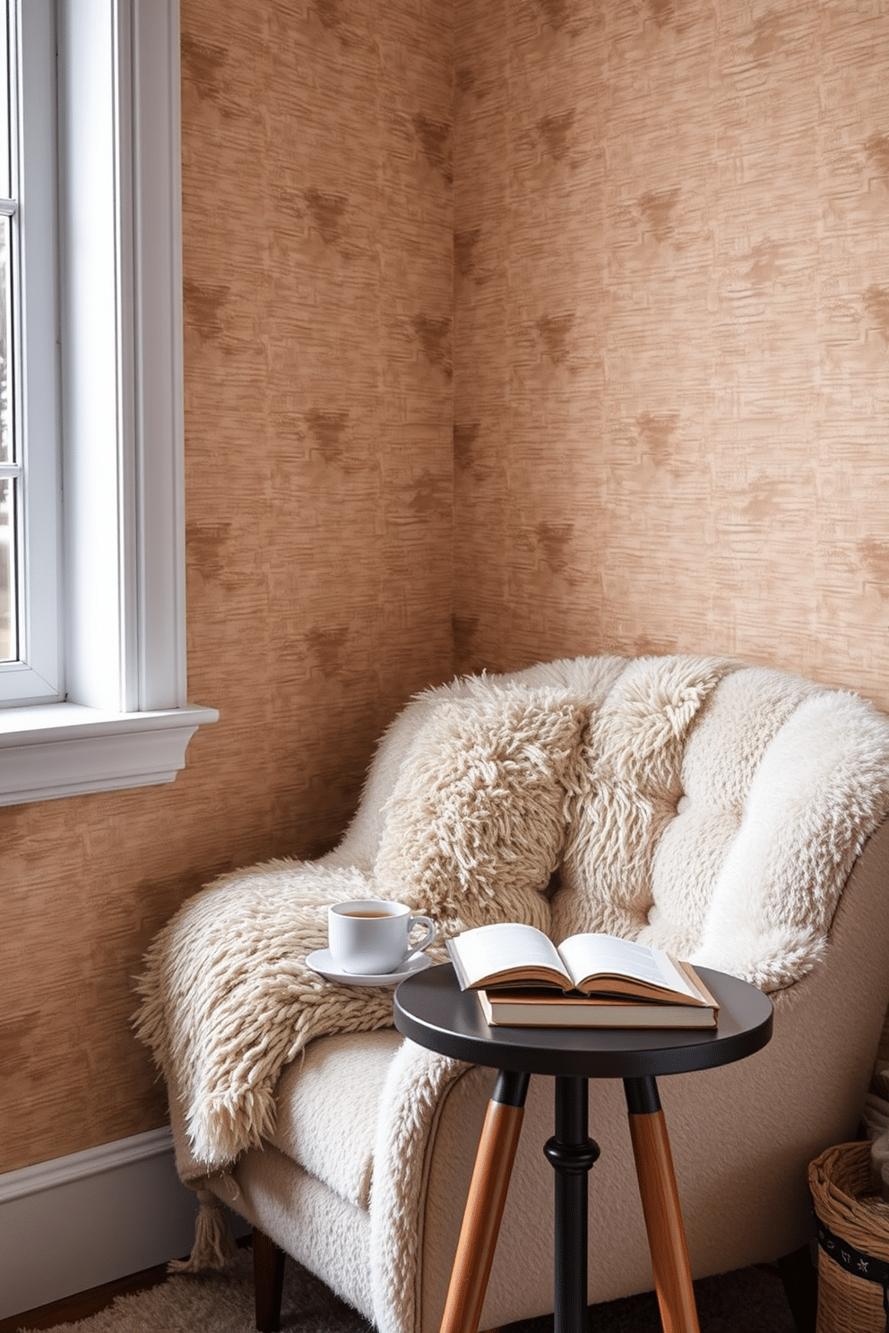 A cozy winter reading nook featuring textured wallpaper that adds warmth and depth to the space. A plush armchair is positioned next to a small side table, adorned with a steaming cup of tea and a stack of books.