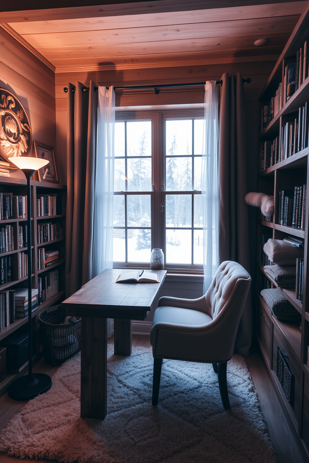 A cozy winter reading nook featuring a small desk perfect for writing or journaling. The desk is made of reclaimed wood and is paired with a plush upholstered chair, surrounded by shelves filled with books and warm blankets. Soft, ambient lighting from a nearby floor lamp creates a warm atmosphere. A large window dressed with sheer curtains allows natural light to filter in, illuminating a soft area rug beneath the desk.