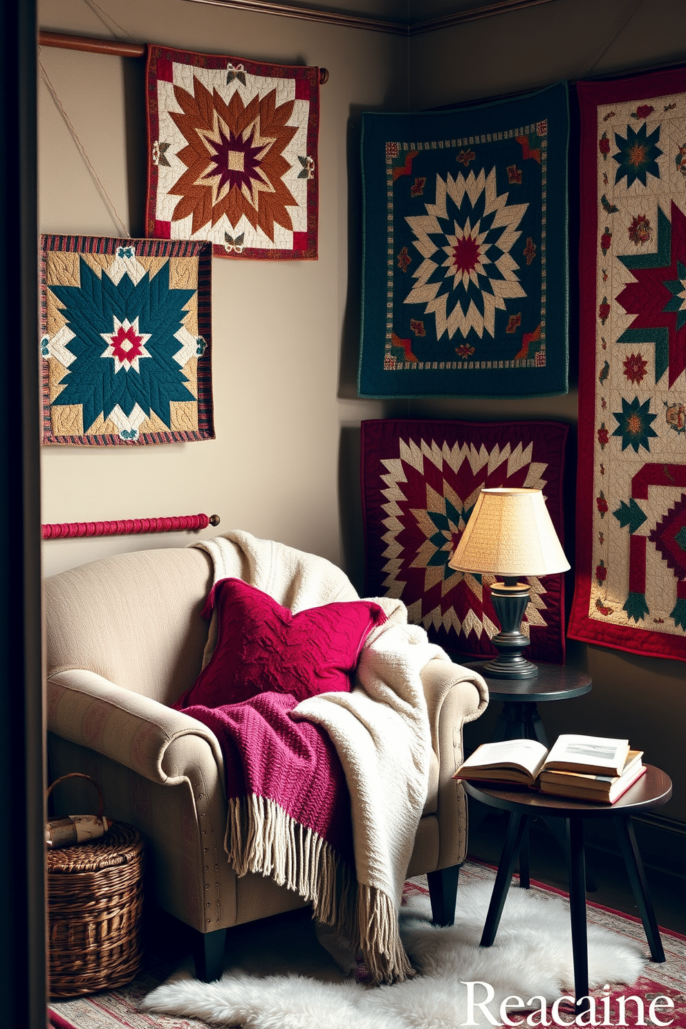 A cozy winter reading nook featuring quilted wall hangings that add warmth and texture to the space. The nook includes a comfortable armchair draped with a soft throw blanket, and a small side table holding a steaming cup of tea and a stack of books.