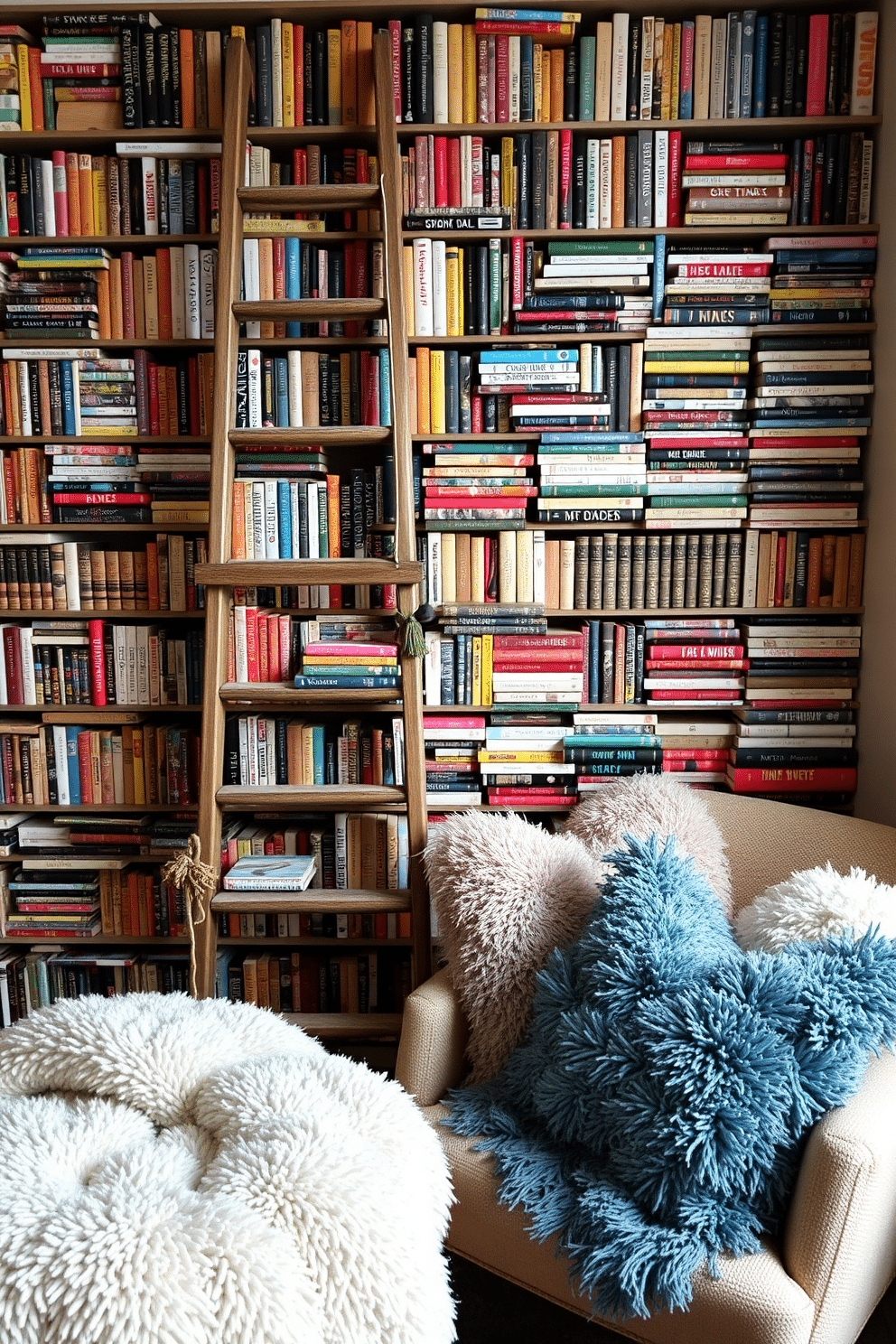 A cozy winter reading nook features a vintage ladder repurposed as a bookshelf, leaning against a wall filled with an array of colorful books. Soft blankets and plush cushions are arranged on a comfortable chair, inviting you to curl up with a good read.