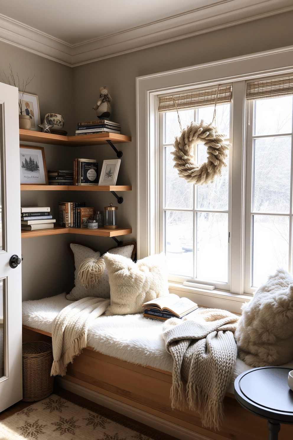 A cozy window seat adorned with plush cushions invites relaxation and comfort. Natural light pours in through the large window, creating a warm and inviting atmosphere perfect for enjoying a good book. Surround the window seat with shelves filled with winter-themed decor and a small stack of favorite novels. Soft, textured throws and a small side table for a hot beverage complete this charming winter reading nook.