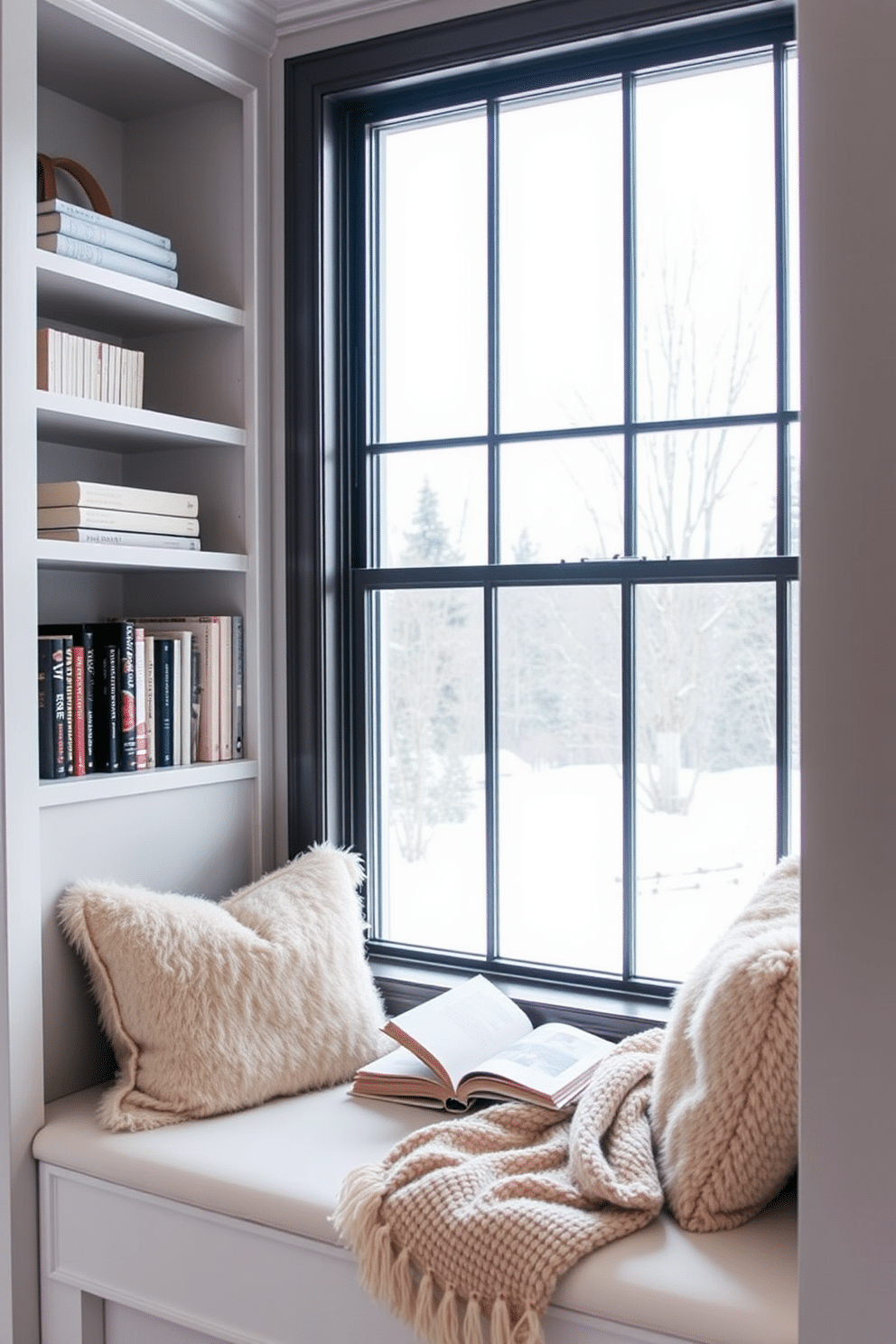 A cozy winter reading nook featuring built-in shelves that frame a large window. The nook is adorned with plush cushions and a soft throw blanket, creating an inviting atmosphere for curling up with a good book.