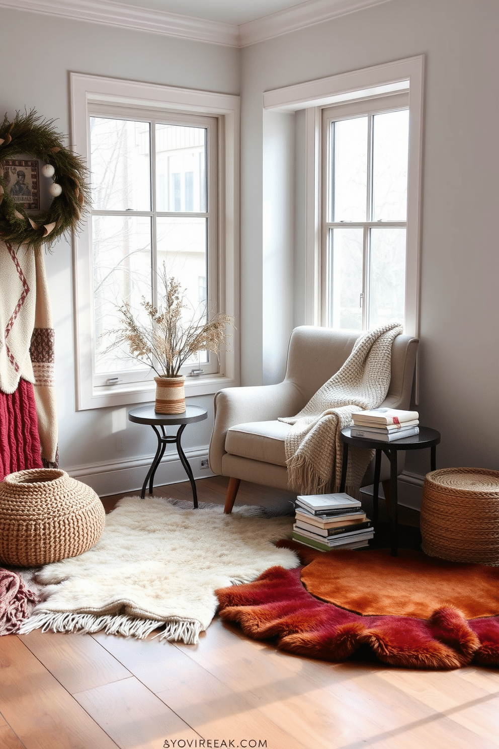 A cozy winter reading nook featuring layered rugs that add warmth and texture to the space. A plush armchair is positioned near a large window, surrounded by soft throw blankets and a small side table stacked with books.