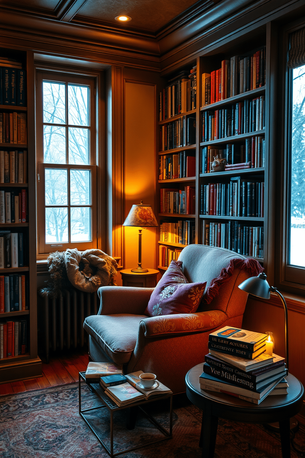 A cozy winter reading nook featuring a plush armchair nestled beside a large window. The walls are lined with bookshelves filled with favorite novels, creating a warm and inviting atmosphere. Soft, ambient lighting illuminates the space, enhancing the rich colors of the decor. A small side table holds a steaming cup of tea and a stack of well-loved books, perfect for a relaxing afternoon.