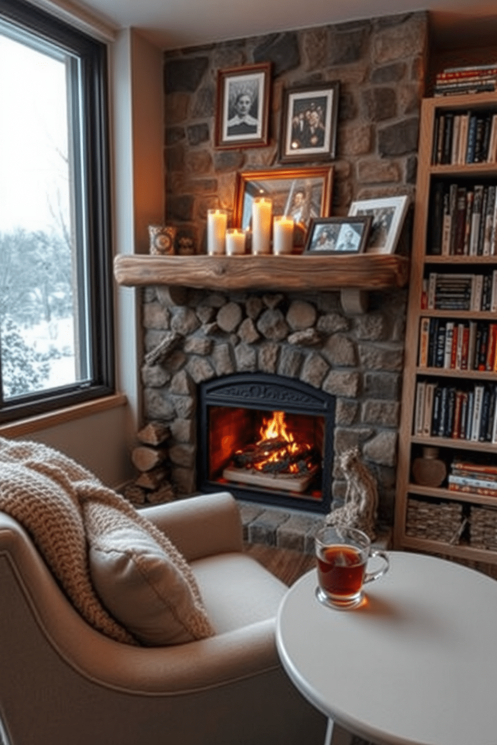 A cozy reading nook featuring a beautiful fireplace that creates a warm ambiance. The fireplace is surrounded by stacked logs and has a rustic mantel adorned with candles and framed photos. A plush armchair is positioned near the fire, complemented by a soft throw blanket and a side table holding a steaming cup of tea. Shelves filled with books line the walls, and a large window offers a view of the winter landscape outside.