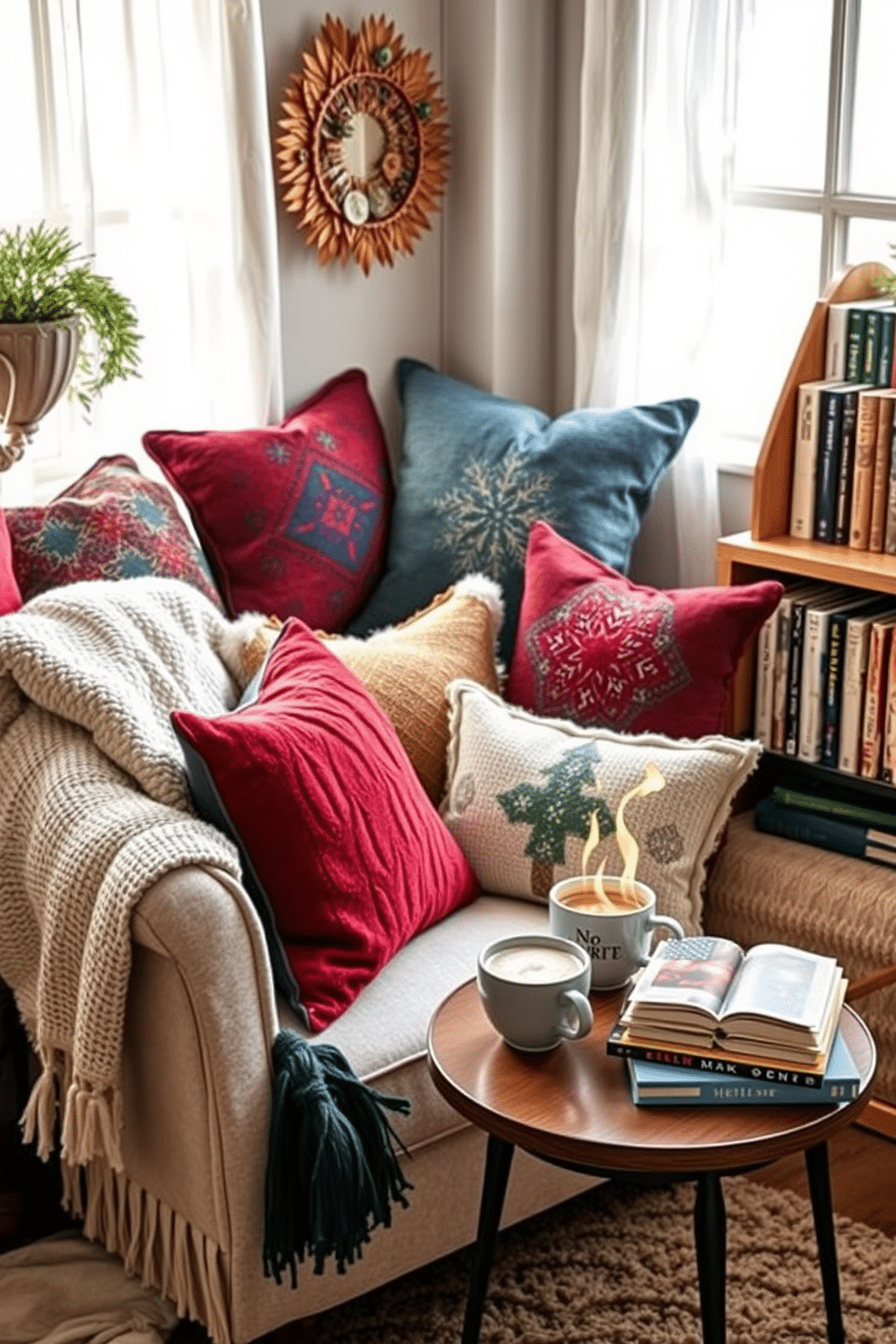 A cozy reading nook filled with decorative throw pillows in rich winter colors like deep red, navy blue, and forest green. The nook features a plush armchair, a soft knit blanket draped over the side, and a small wooden bookshelf filled with seasonal reads. A warm, inviting atmosphere is created by a nearby window with sheer curtains allowing soft light to filter in. A small side table holds a steaming cup of cocoa and a stack of books, making it the perfect winter retreat.