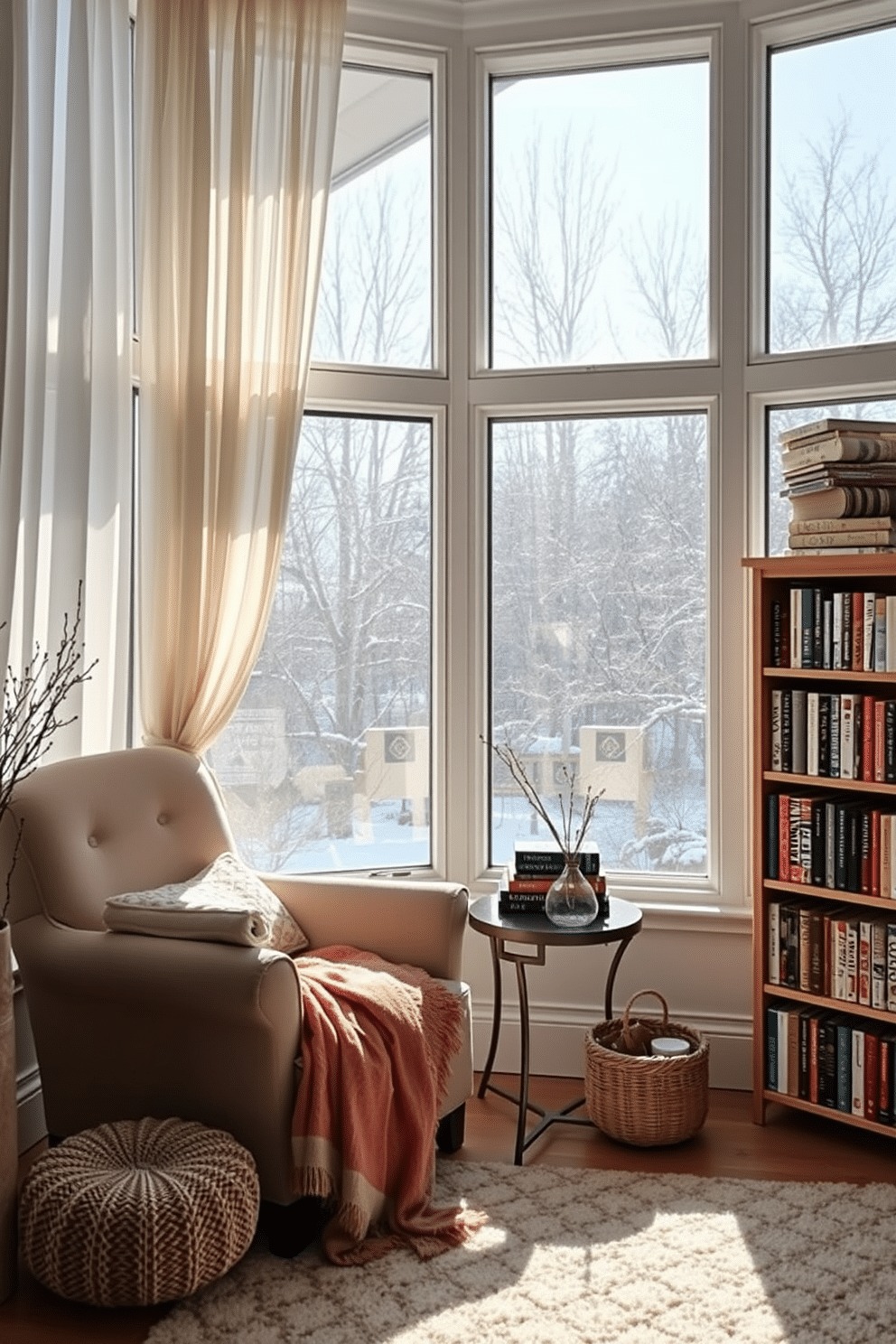 A cozy winter reading nook filled with natural light. Soft sheer curtains drape elegantly over large windows, allowing sunlight to filter in gently. A plush armchair is positioned near a small side table stacked with books and a warm throw blanket. A nearby bookshelf displays an array of novels, while a soft rug anchors the space, inviting relaxation.